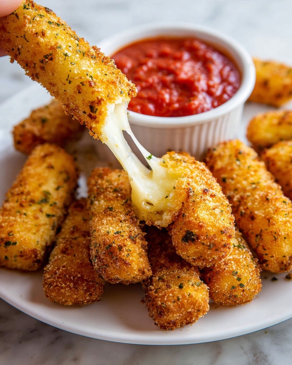 A white plate holds several golden brown, crispy fried sticks, each covered in a textured crunchy coating with small green herb flakes visible. One stick is shown being pulled apart by a woman's hand, revealing a stretchy, melted white cheese inside. Behind the sticks, there is a white ramekin filled with bright red chunky tomato sauce, sitting on a white marbled texture surface. The scene focuses closely on the cheese stick being stretched with warm, inviting colors and a soft natural light. photo taken with an iphone --ar 4:5 --v 7