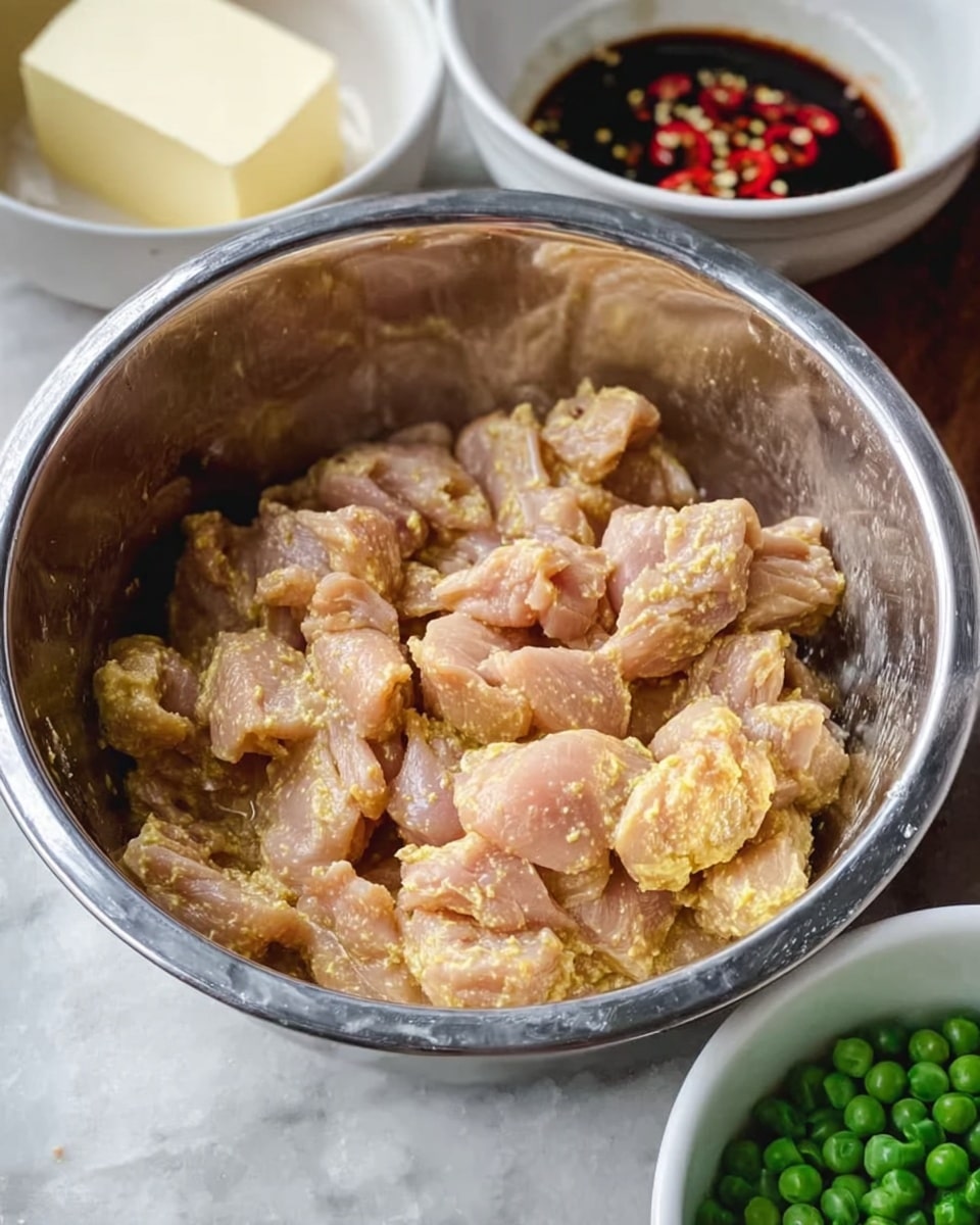 A metal bowl filled with small pieces of raw chicken coated in a light yellow marinade, showing a mix of smooth and slightly bumpy textures. Behind the bowl, there are two white bowls; one contains a block of butter while the other has a dark sauce with visible red and white chili flakes floating on top. Below the metal bowl, a white bowl contains fresh green peas. The scene is set on a white marbled surface. Photo taken with an iphone --ar 4:5 --v 7