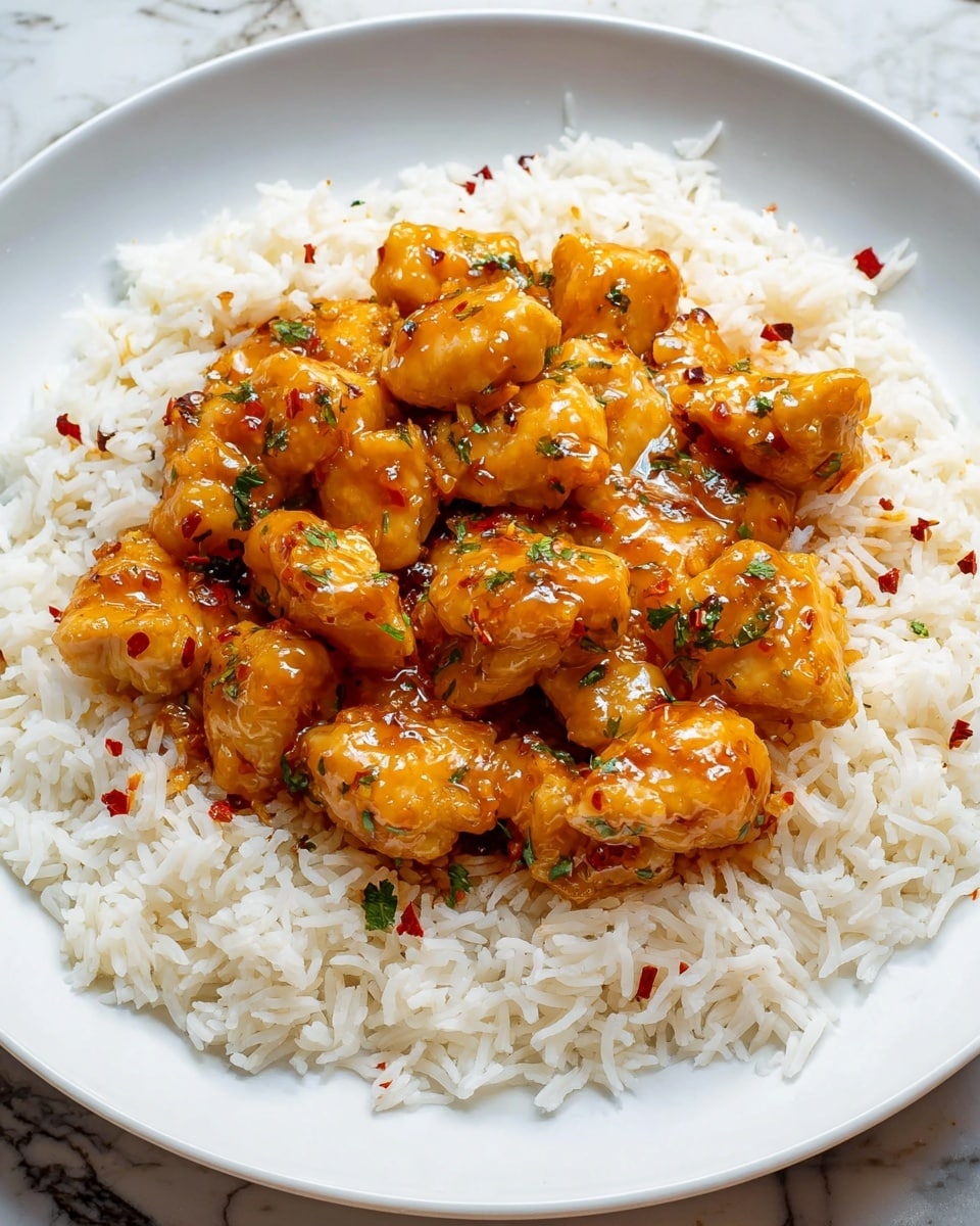 A white plate with a layer of white rice that looks soft and fluffy, covering the whole plate. On top of the rice, there is a second layer of golden-brown pieces of chicken covered in shiny, sticky orange sauce. The chicken pieces have small green herb bits sprinkled over them, along with tiny red chili flakes adding color contrast. The sauce looks thick and glossy, coating each chicken piece evenly. The plate is placed on a white marbled surface. photo taken with an iphone --ar 4:5 --v 7
