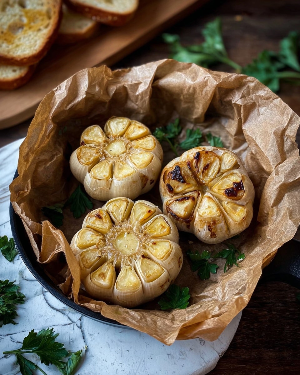 The image shows three whole roasted garlic heads placed in a black pan lined with crumpled brown parchment paper. Each garlic head has a golden yellow to light brown roasted surface with visible individual cloves arranged in a circular pattern radiating outward. The pan sits on a dark wooden surface with a white marbled texture in the background. Green parsley leaves are scattered around the pan, adding a fresh touch to the warm tones of the roasted garlic. A wooden board with toasted bread slices is partially visible at the top left corner photo taken with an iphone --ar 4:5 --v 7