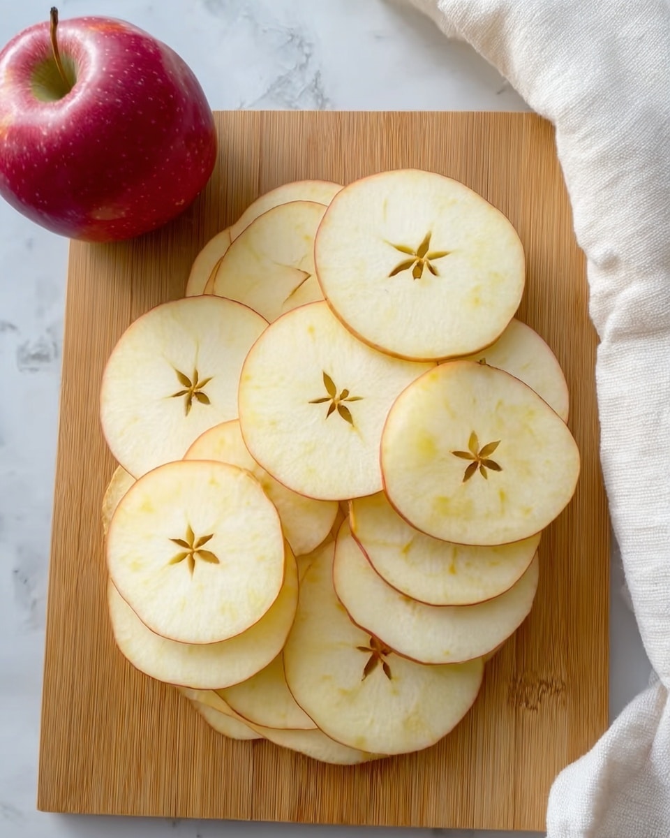 The image shows a wooden cutting board on a white marbled surface with one whole red apple placed on the upper left corner. On the board, there is a pile of very thin apple slices, each slice round and pale yellow with a light brown edge, arranged in overlapping layers creating a circular pattern. The star-shaped apple cores are clearly visible in the center of many slices. A white cloth is partially visible in the top right corner. Photo taken with an iphone --ar 4:5 --v 7