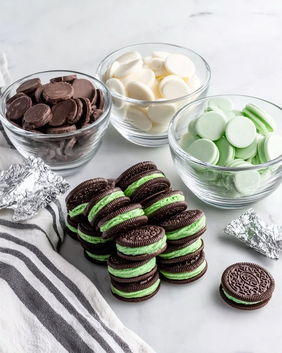 The image shows a white marbled surface with three clear glass bowls filled with different colored chocolate wafers: dark brown, white, and pastel green. Below the bowls, there is a neat stack of chocolate sandwich cookies with bright green filling, arranged in two rows. Two extra cookies rest in front of the stack, and a silver foil wrapper lies nearby. A white cloth with black stripes is folded and partially visible on the left side. Photo taken with an iphone --ar 4:5 --v 7