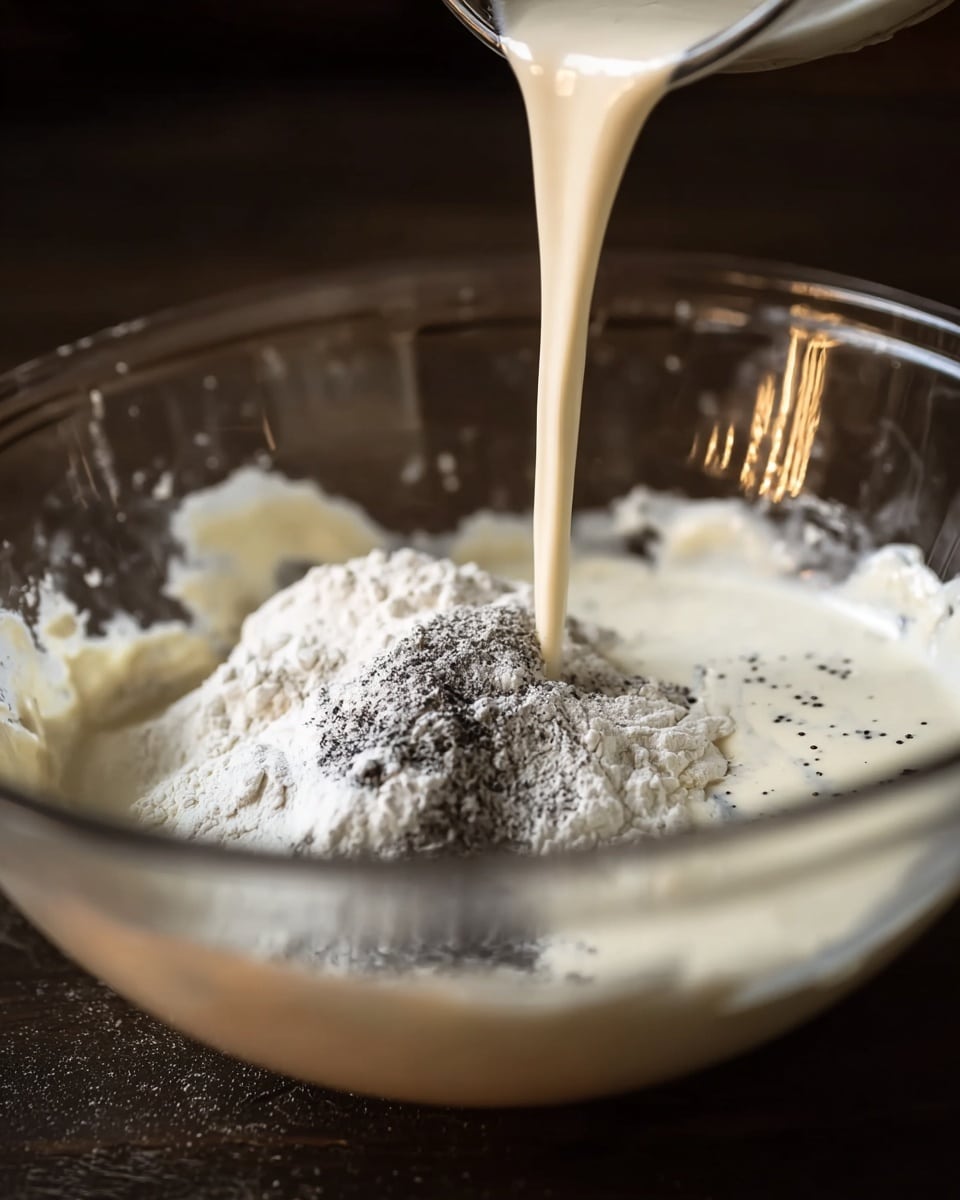 A clear glass bowl contains three layers of ingredients: a white powder scattered mostly on the bottom, a creamy white thick layer with some smooth texture, and dark specks sprinkled throughout on the creamy layer. A pale cream liquid is being poured from above into the bowl, blending softly with the other layers. The image background is dark and blurred, emphasizing the bowl and pouring action. photo taken with an iphone --ar 4:5 --v 7