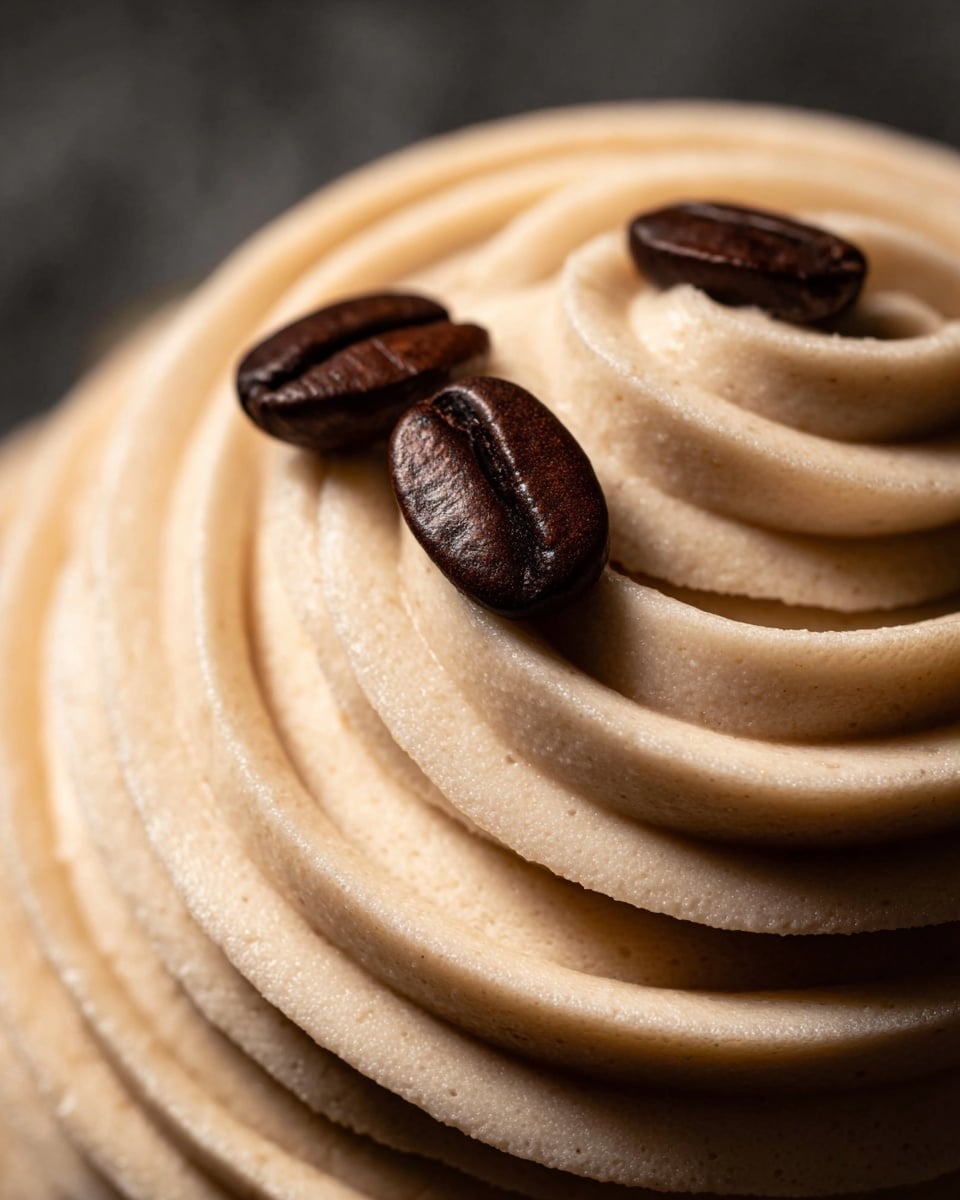 The image shows a close-up of light beige cream swirled in three smooth, even layers, with a soft, velvety texture. On top of the cream, there are two glossy, dark brown coffee beans positioned near the edges, adding contrast to the light cream. The background is blurred and dark, making the cream and coffee beans stand out clearly. photo taken with an iphone --ar 4:5 --v 7