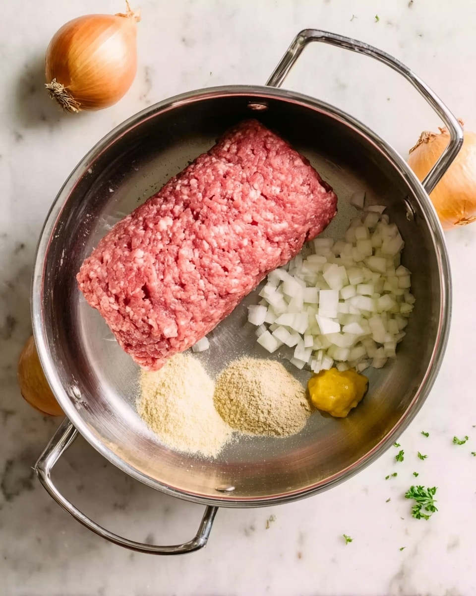A round stainless steel pot is placed on a white marbled surface, inside it has one large, pink raw ground meat log positioned slightly off-center. To the right of the meat is a pile of small chopped white onions. Below the meat, there are four small piles of dry ingredients: a light yellow powder, a pale beige powder, a slightly darker beige powder, and a dab of yellow paste. Around the pot edges, a few whole onions and small chunks of parmesan cheese are partially visible on the white marbled surface. Photo taken with an iphone --ar 4:5 --v 7
