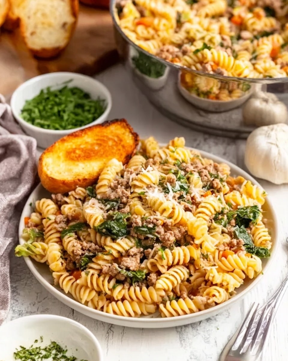 The image shows a white round plate placed on a white marbled surface, filled with spiral-shaped pasta mixed with minced meat and small pieces of green leafy vegetables evenly spread throughout. On the side of the plate, there is a golden-brown toasted garlic bread slice. In the background, a large silver pot is partially visible with more pasta inside, and near it, a white small bowl contains a green herb mix. A whole garlic bulb is also visible beside the plate, and a silver fork is placed on the right side beside the plate. The colors are warm and natural, giving a fresh and inviting feel. Photo taken with an iphone --ar 4:5 --v 7