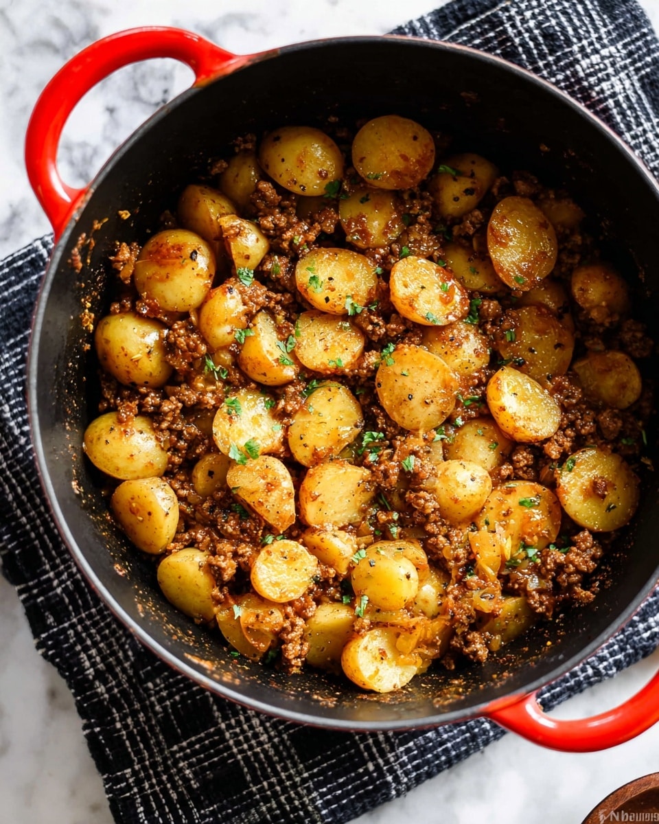 Inside a black pot with red handles, there is a mixture of small round light brown potato slices and brown ground meat cooked together, all covered in a glossy, slightly oily sauce with specks of black pepper. Small pieces of green herbs are scattered on top, adding a touch of color contrast. The pot rests on a black and white checkered cloth, set against a white marbled background. photo taken with an iphone --ar 4:5 --v 7