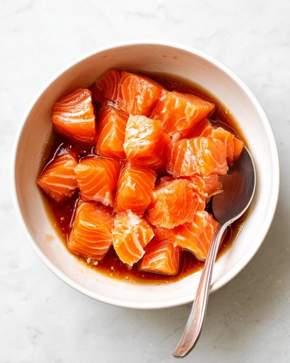 A white bowl filled with pieces of raw salmon cut into cubes, each piece bright orange with natural white lines showing the texture of the fish. The salmon is coated in a shiny reddish-brown sauce that makes the pieces look moist and glossy. A silver spoon is placed inside the bowl, resting against the side. The bowl sits on a white marbled surface, with light reflecting softly on the sauce and fish. Photo taken with an iphone --ar 4:5 --v 7
