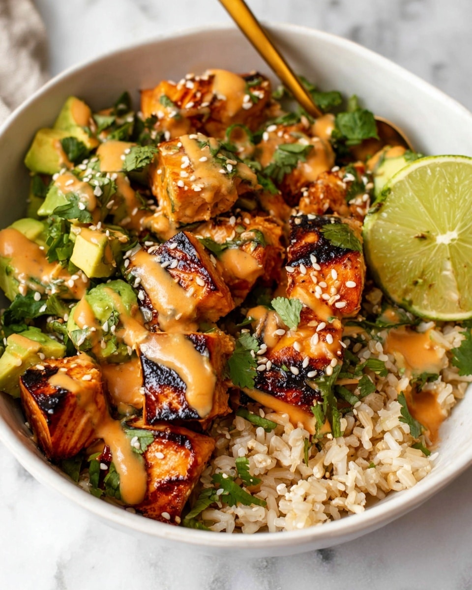 In a white bowl on a white marbled surface, there is a layered dish starting with a base of cooked brown rice, topped with chunks of grilled salmon that have dark char marks and are covered in a light orange creamy sauce. Mixed with the salmon are small pieces of green avocado and fresh cilantro leaves, sprinkled with white sesame seeds. On one side of the bowl, there is a wedge of lime. A gold spoon is placed inside the bowl, resting near the edge. Photo taken with an iphone --ar 4:5 --v 7