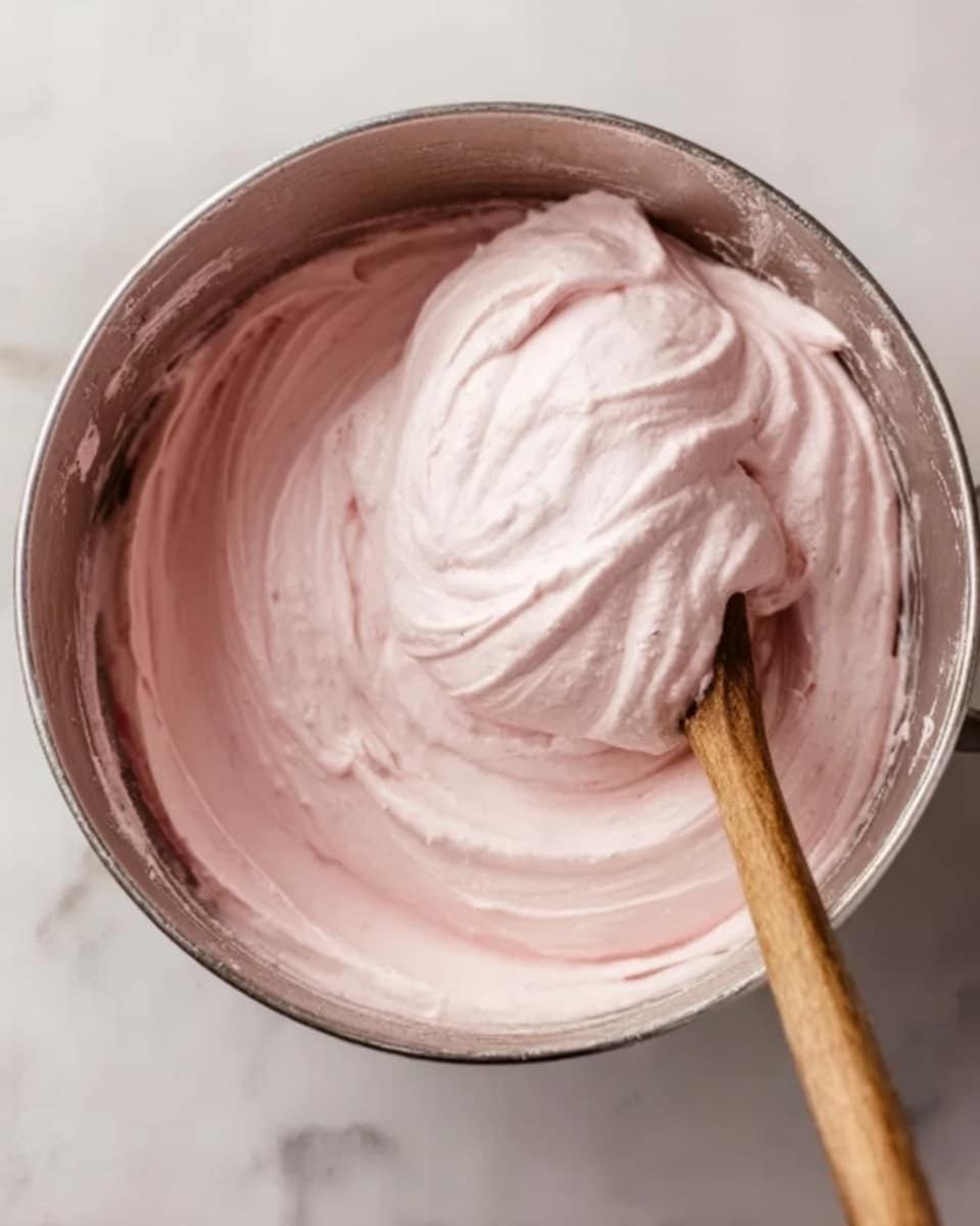 A close-up view of a metal bowl filled with smooth, light pink cream that looks soft and fluffy. A wooden spoon is partly dipped into the cream, lifting some of it with gentle swirls and soft peaks. The bowl sits on a white marbled surface, creating a clean and bright background. Photo taken with an iphone --ar 4:5 --v 7