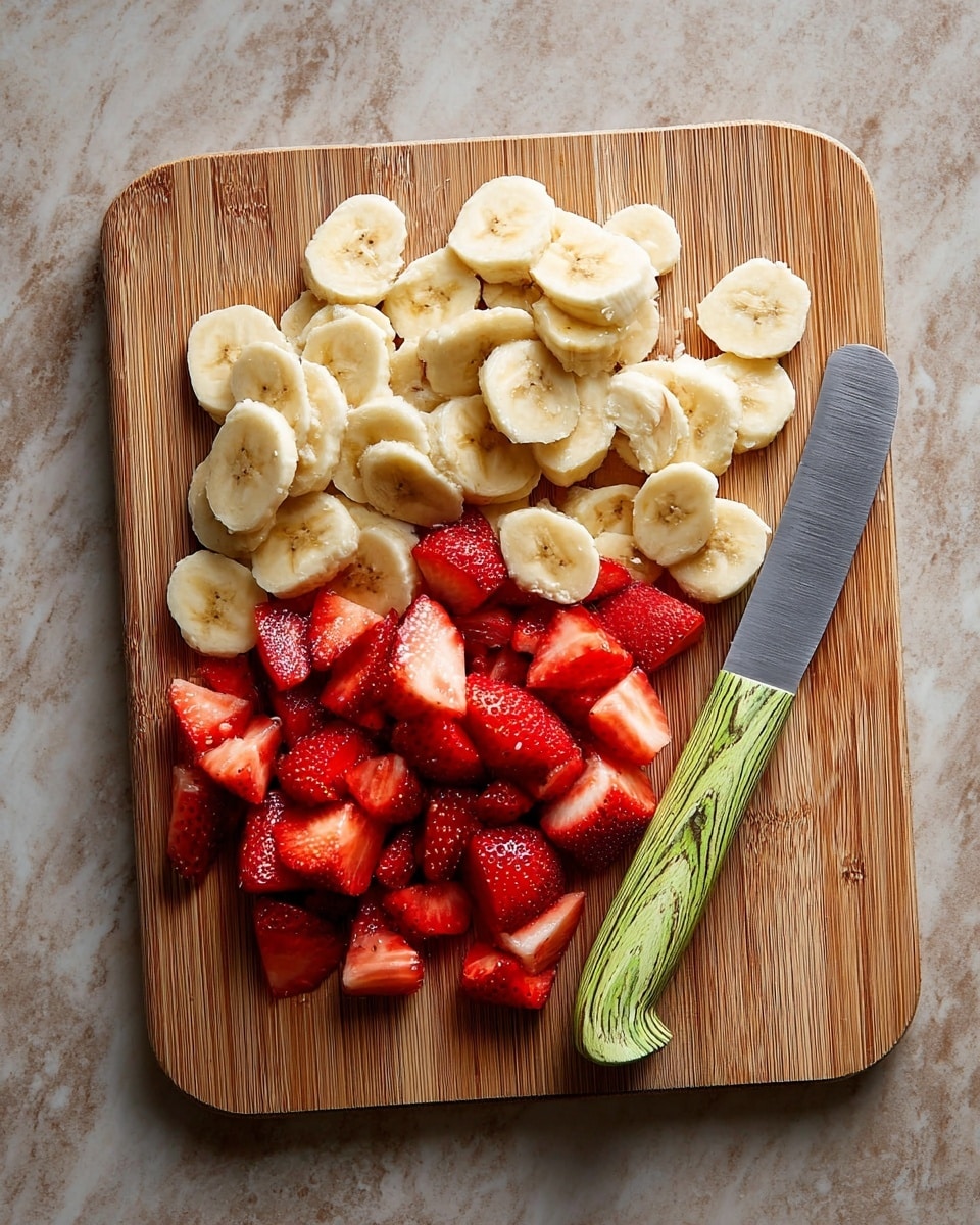 A wooden cutting board sits on a white marbled surface, filled with two layers of fruit on top. The top layer has many thin, round slices of banana, pale yellow with soft texture, stacked loosely toward the upper part of the board. Below the banana slices, fresh strawberries cut into small pieces form the second layer, showing bright red color with a juicy and slightly shiny look. A knife with a green wood-patterned handle lies on the right side of the board, its blade partially covered by the banana slices and strawberries. Photo taken with an iphone --ar 4:5 --v 7