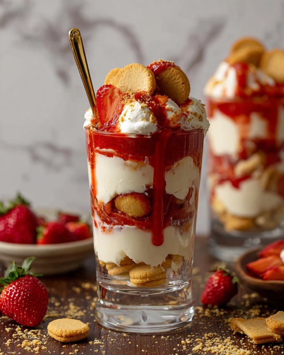 The image shows a tall clear glass filled with a layered dessert. At the bottom, there is a layer of small round golden cookies, followed by a thick layer of creamy white filling with smooth texture. On top of this filling, there is a bright red strawberry sauce that drips down the sides. Another layer of cookies sits above the sauce, partially covered by more creamy white filling. The dessert is topped with more cookies, dollops of cream, and extra strawberry sauce, creating a rich and inviting look. The glass is on a wooden surface with scattered cookie crumbs and fresh strawberries nearby, all set against a white marbled textured background. A gold spoon is placed inside the glass and the focus is on the front dessert with a blurred similar dessert in the background photo taken with an iphone --ar 4:5 --v 7