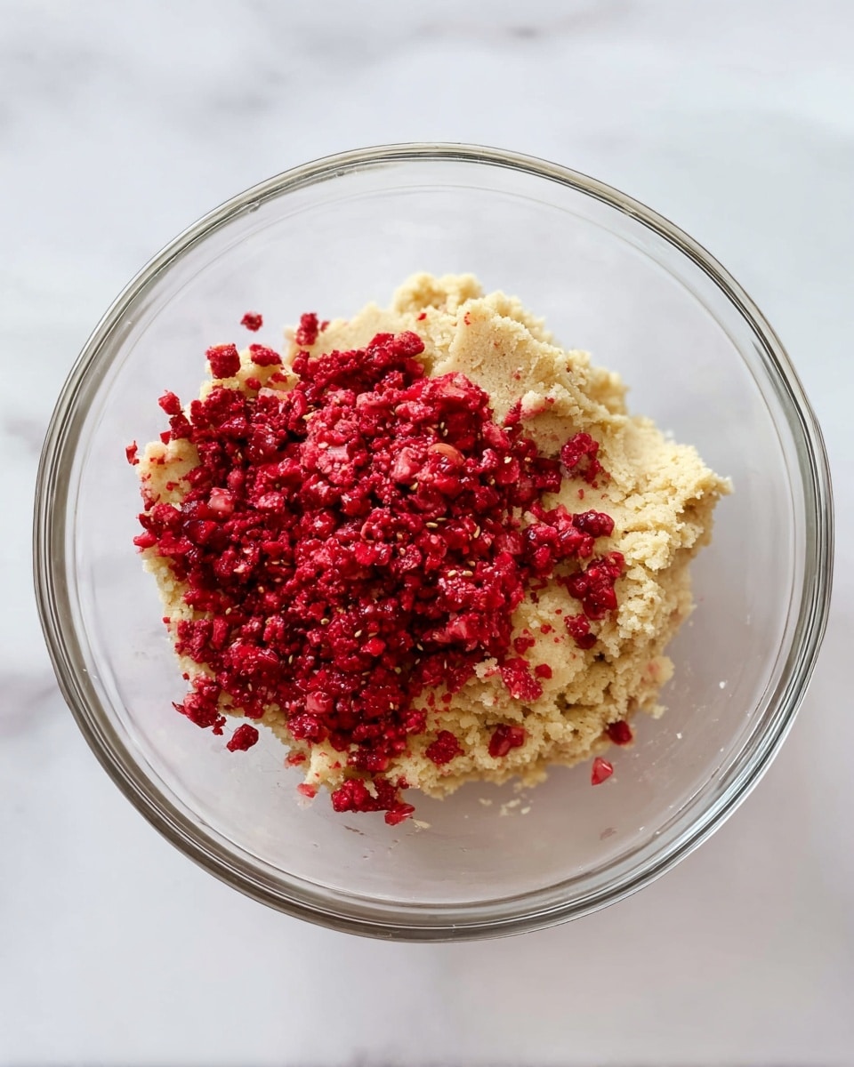 A clear glass bowl holds two layers of ingredients on a white marbled surface. The bottom layer is a pale beige dough with a crumbly texture, forming a rough mound. On top of the dough is a bright red layer of small raspberry pieces that have a slightly wet, fresh look. Some of the raspberry pieces have spilled over a bit onto the dough. The image is bright and clean with soft natural light, showing the details of the dough and raspberries clearly. photo taken with an iphone --ar 4:5 --v 7