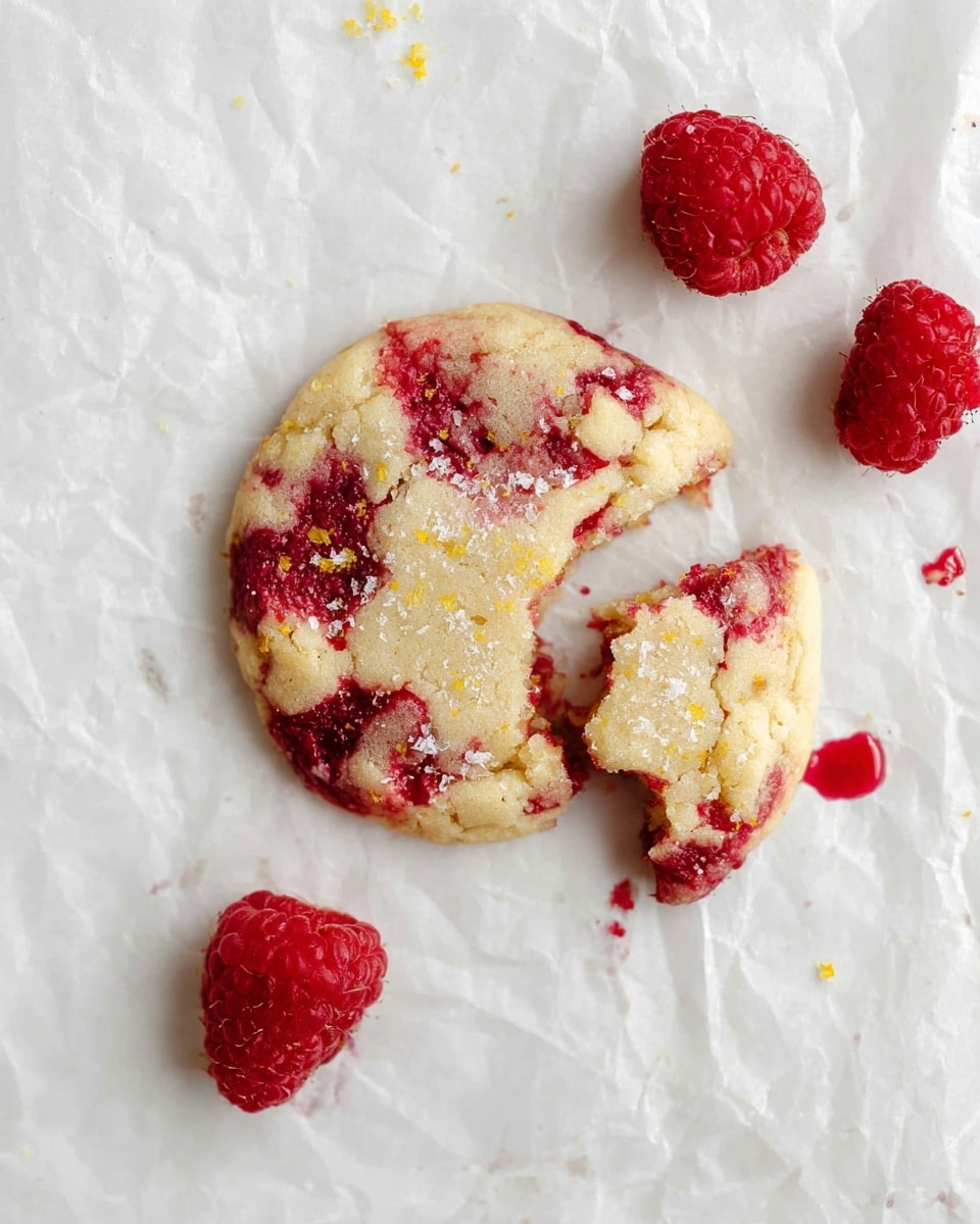 The image shows a single round cookie with an uneven edge where a bite is taken out, lying on crinkled white parchment paper over a white marbled surface. The cookie has a pale yellow base mixed with deep red raspberry spots swirled throughout, giving it a marbled look. On top are scattered coarse crystals of sugar and small bits of yellow zest. Around the cookie, fresh red raspberries are placed, and one raspberry has left a small red smear on the parchment. The overall look is soft and textured, with bright raspberry colors contrasting against the pale dough and white background. photo taken with an iphone --ar 4:5 --v 7