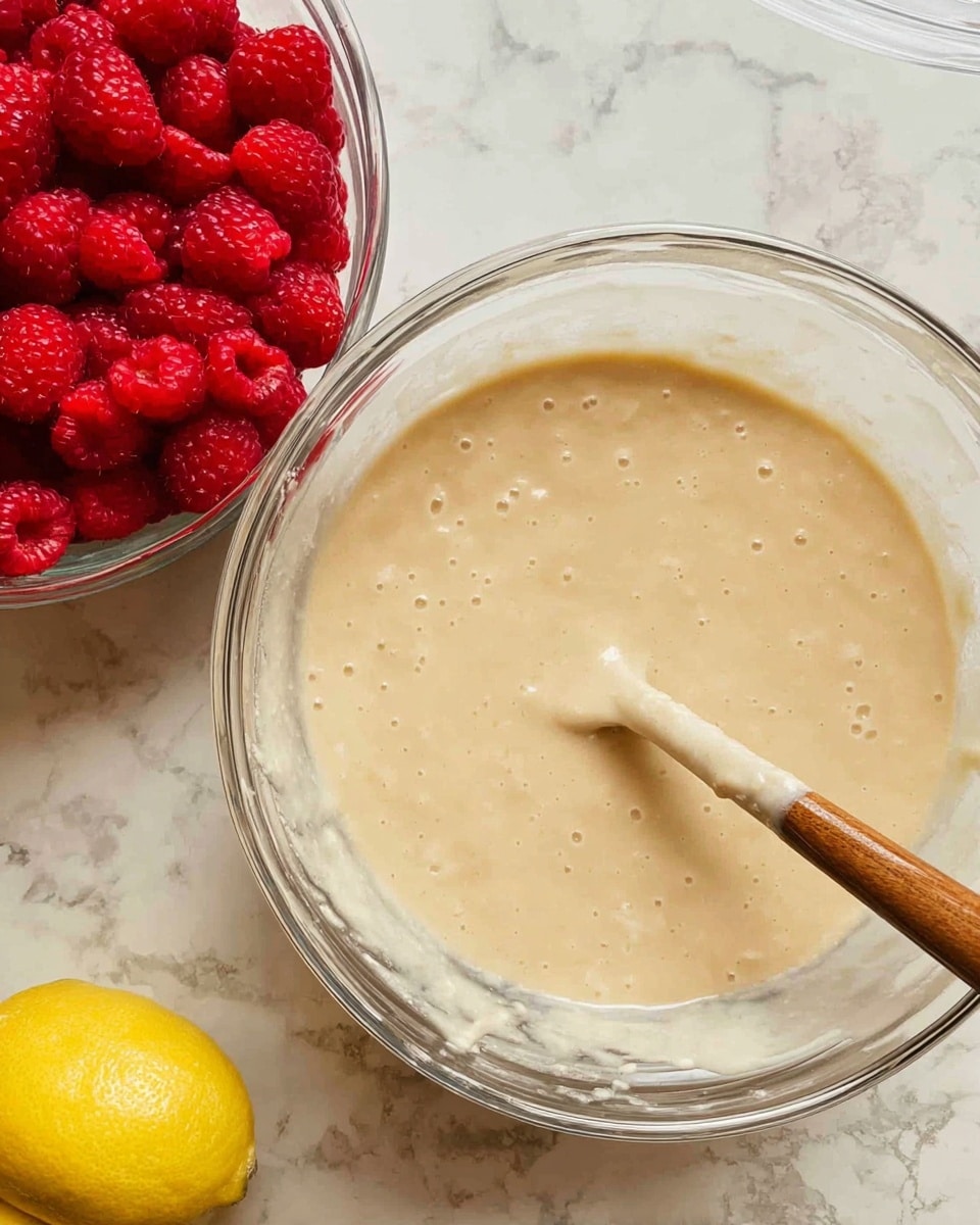 A large clear glass bowl holds a smooth, light beige batter with some small bubbles on the surface. Inside the bowl, there is a spoon with a wooden handle resting on the batter, slightly coated with it. Next to the bowl, there is a clear container filled with bright red raspberries, and a small yellow lemon is partially visible on a white marbled countertop background. The overall scene looks fresh and ready for mixing or baking. photo taken with an iphone --ar 4:5 --v 7