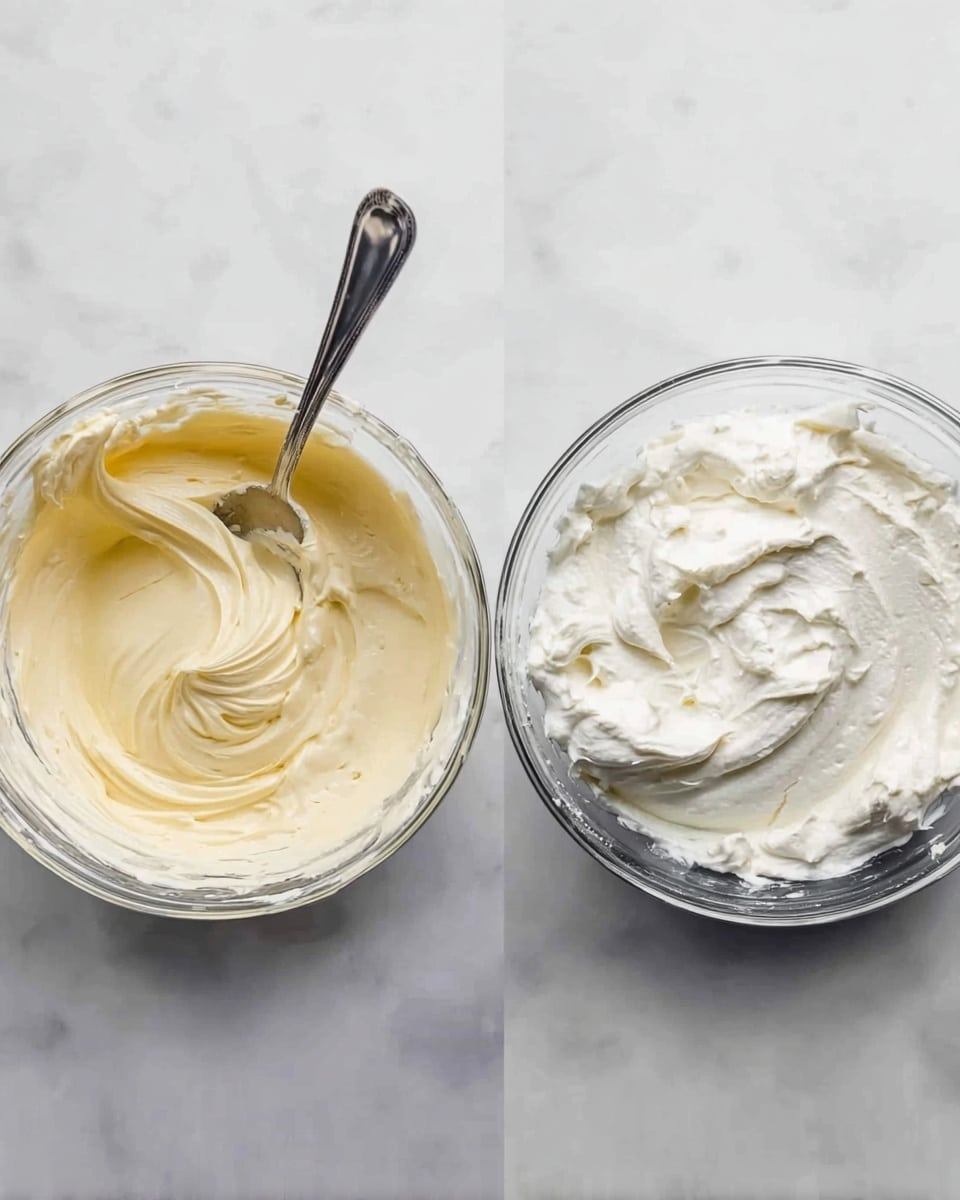 Two clear glass bowls sit next to each other on a white marbled surface. The left bowl contains a smooth, creamy mixture of light yellow color, swirled with a spoon resting inside. The right bowl holds a fluffy, white textured cream with small peaks, showing a thicker consistency. Both mixtures have soft, whipped looks with slight texture variations. Photo taken with an iphone --ar 4:5 --v 7
