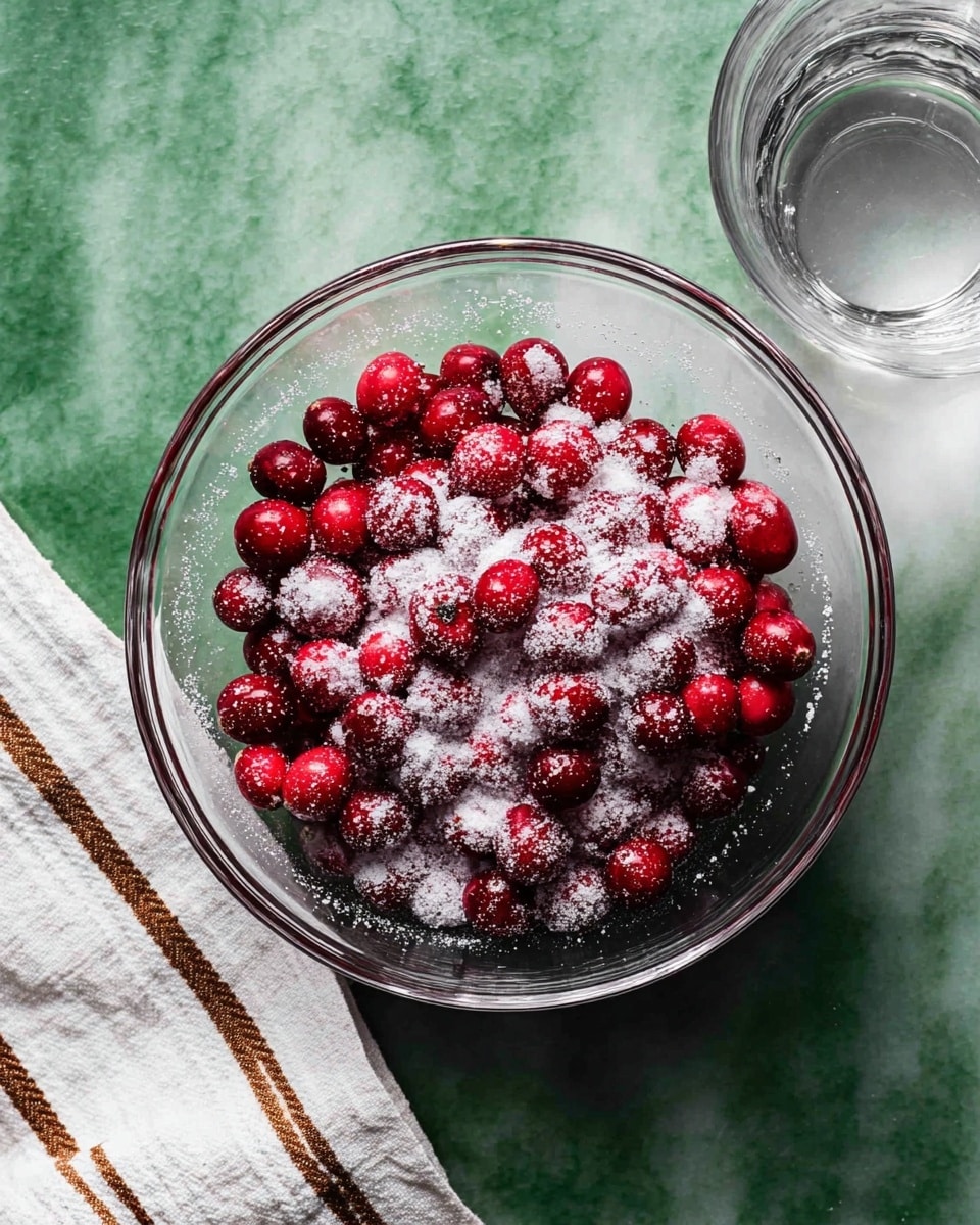 A clear glass bowl sits on a white marbled surface, filled with a layer of small red cranberries coated in a fine layer of white granulated sugar, creating a contrast between the bright red and white textures. The cranberries cover the bottom of the bowl evenly, with some sugar visible between and on top of the berries. To the right of the bowl, there is a clear glass of water and part of a white cloth with thin brown stripes. The whole setup is lit naturally, highlighting the shiny, smooth roundness of the cranberries and the crystalline sugar grains. photo taken with an iphone --ar 4:5 --v 7
