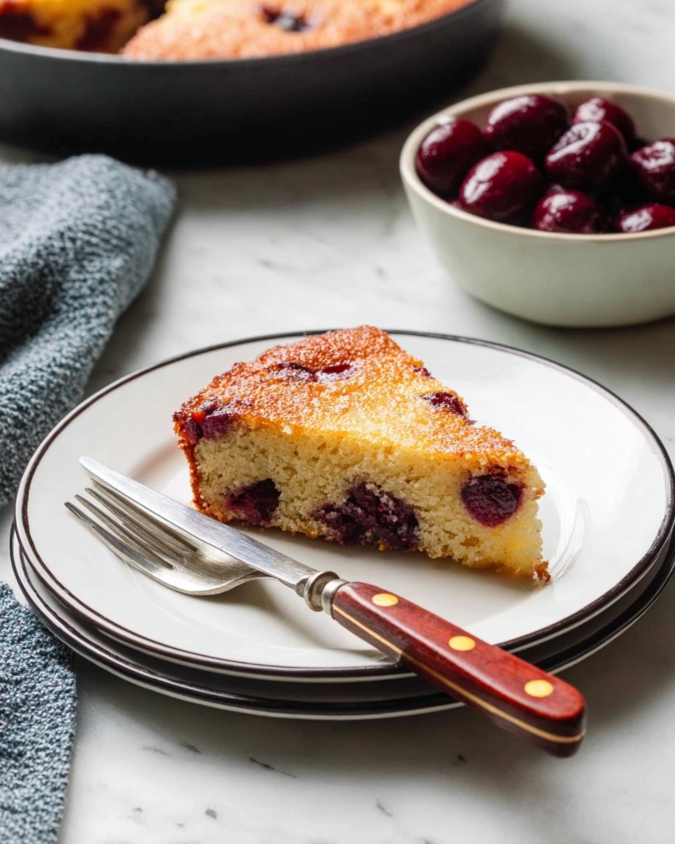 A single slice of golden-brown cake with visible dark cherry pieces inside is placed in the center of a white plate with a thin black rim. The cake has a slightly shiny, textured top and a soft, light beige inside showing the cherries near the bottom and middle. Next to the cake on the plate are a silver fork and a knife with a wooden handle featuring three brass rivets. In the background, a white bowl filled with dark red cherries and a pan with more of the cake can be seen. The whole scene is set on a white marbled surface. Photo taken with an iphone --ar 4:5 --v 7
