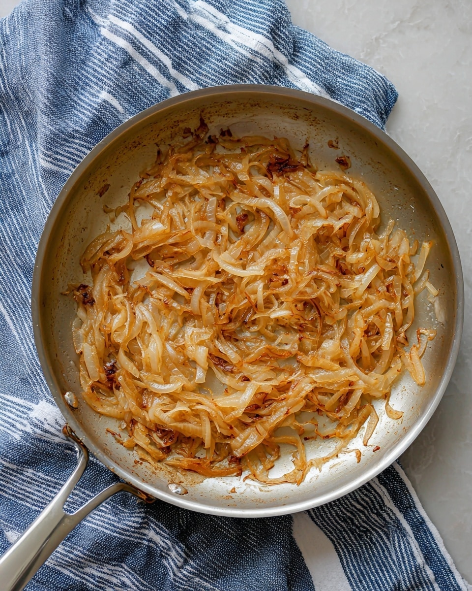 A close-up top view of a silver pan containing one even layer of caramelized onions. The onions are soft, thinly sliced and have a light golden brown color with some darker browned spots showing they are cooked well. The pan handle is visible in the lower left corner and there is a blue and white striped cloth beneath the pan. The setting is on a white marbled surface photo taken with an iphone --ar 4:5 --v 7