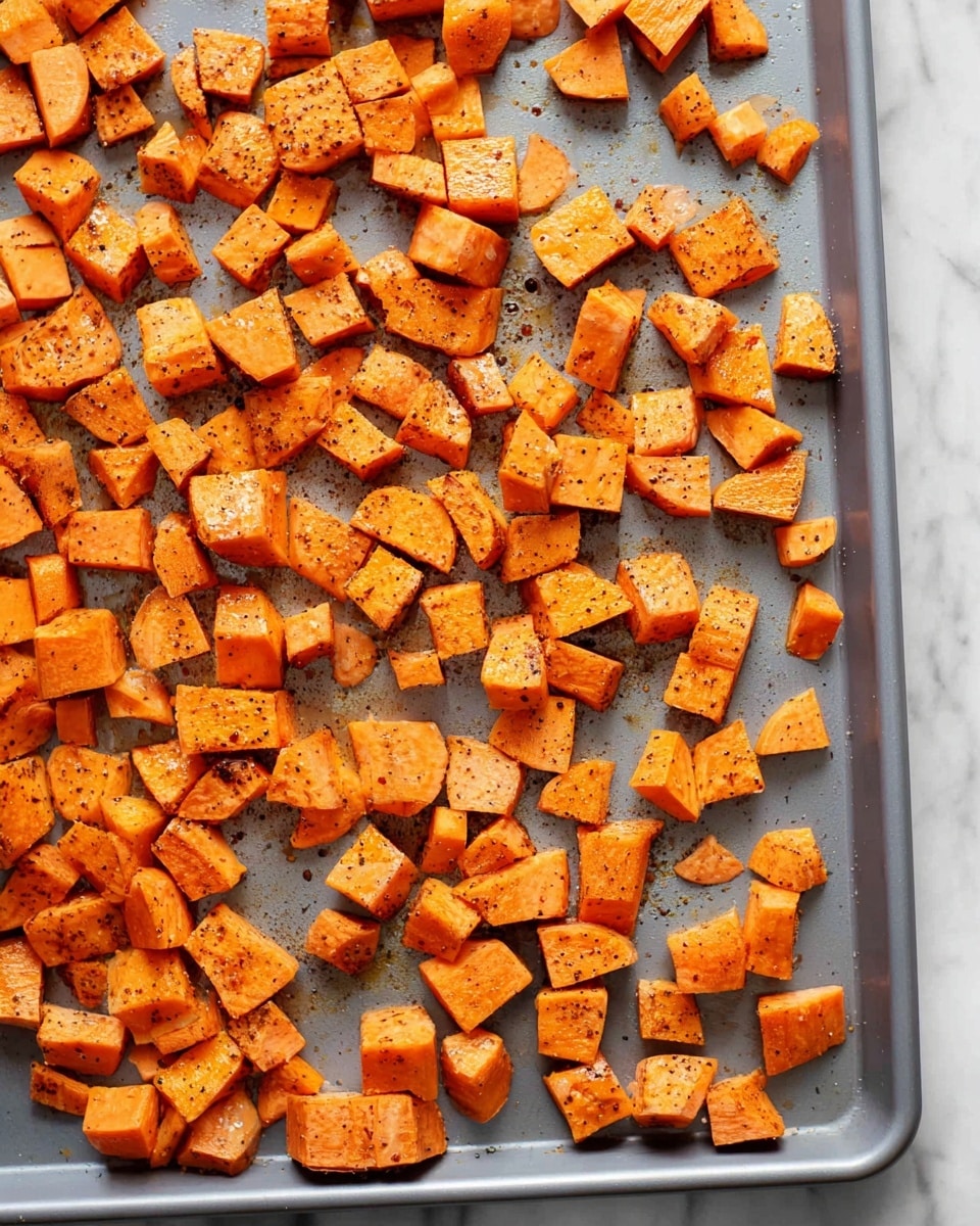 The image shows a single layer of small cubed orange sweet potatoes spread out evenly on a flat, light gray baking tray. The sweet potatoes are seasoned with black pepper and have a light shine of oil on them, giving a slightly wet look. Some pieces have remnants of orange skin and are different sizes and shapes, creating a natural, rough texture. The tray sits on a white marbled surface with soft lighting highlighting the vibrant orange color of the sweet potatoes photo taken with an iphone --ar 4:5 --v 7