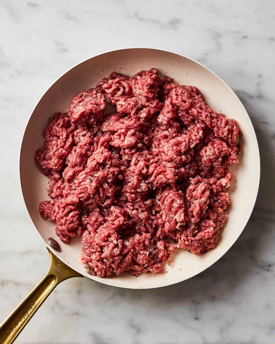A white pan with a golden handle holds a single layer of raw ground beef broken into uneven chunks. The meat shows different shades of red and brown, with a rough, coarse texture. The pan is placed on a white marbled surface, highlighting the meat's fresh and raw appearance. photo taken with an iphone --ar 4:5 --v 7