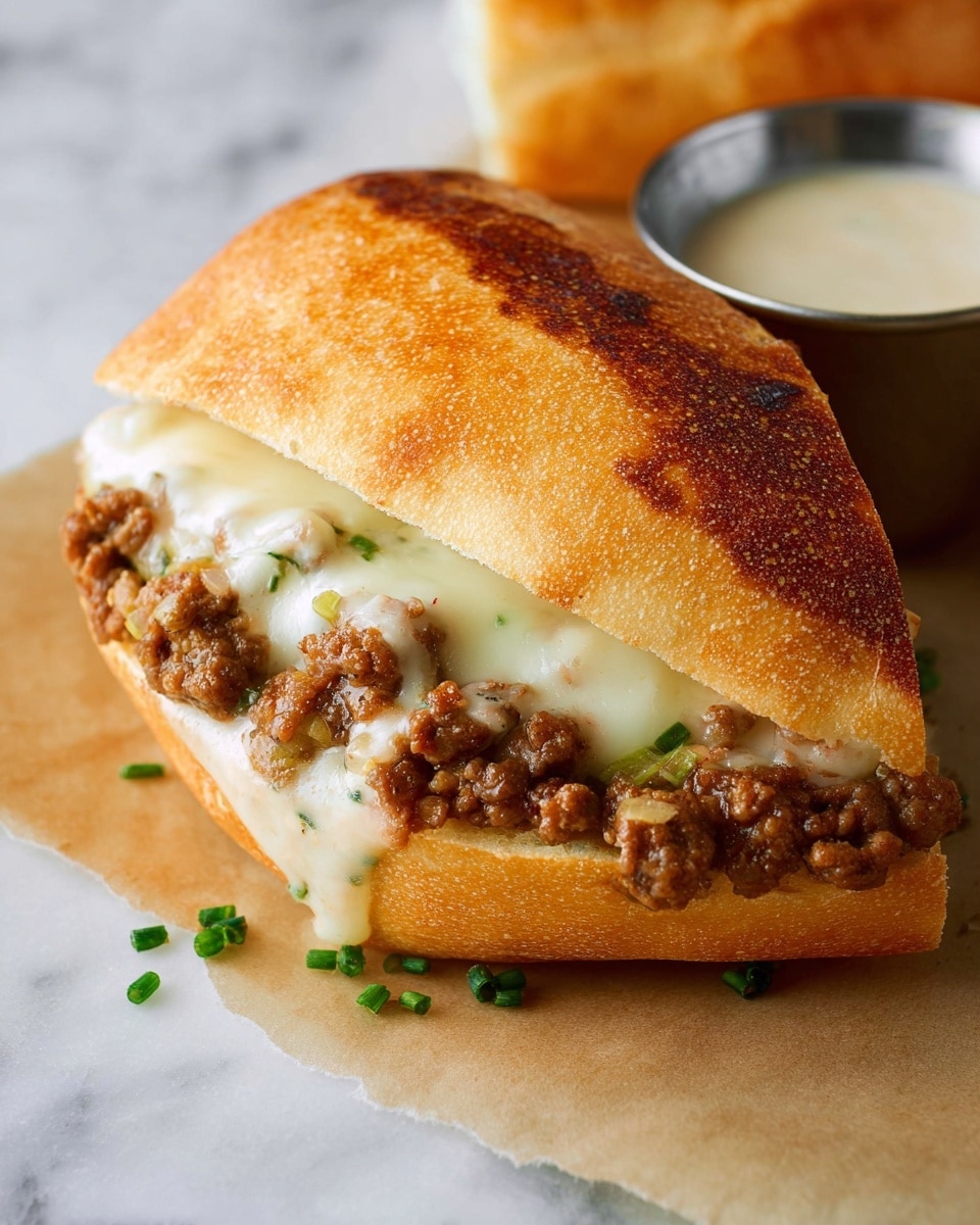 A sandwich shows three layers: a golden-brown toasted bun on the top and bottom with a slightly rough texture, a middle layer of melted white cheese with some light browned spots for a bubbly look, and a thick filling of cooked ground meat mixed with small bits of green pepper and onion. The sandwich sits on brown parchment paper over a white marbled surface, with small green chive pieces scattered on the cheese. In the background, there is a small metal cup with a creamy sauce, slightly out of focus. Photo taken with an iphone --ar 4:5 --v 7