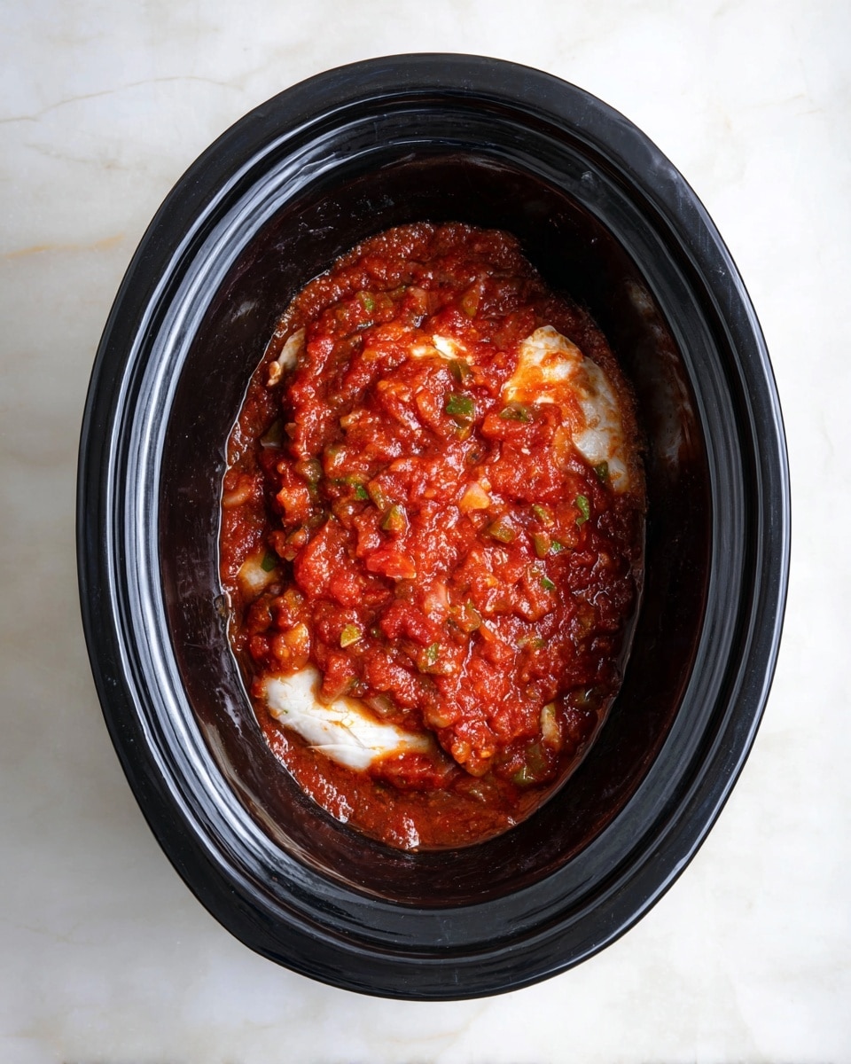 In a black oval slow cooker, there is a base layer of white, smooth raw meat arranged flat, mostly covered by a top layer of chunky, bright red tomato sauce mixed with small green vegetable pieces. The red sauce layer has a thick, slightly shiny texture and covers the meat almost completely. The slow cooker sits on a white marbled surface. photo taken with an iphone --ar 4:5 --v 7