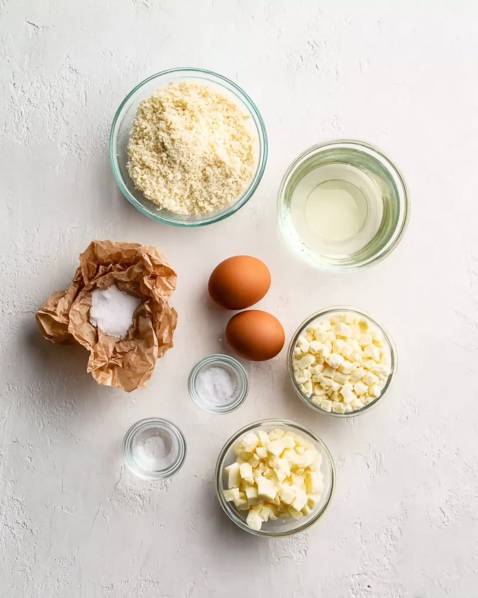 The image shows six small glass bowls and paper wrapping arranged on a white marbled surface. The top left bowl is filled with a light beige crumbly substance. To its right, a glass bowl holds a clear pale yellow liquid. On the middle left, a glass bowl contains two brown eggs. Next to it, wrapped in crumpled brown paper, is a white crystalline powder. Below, in the center, is a tiny bowl with a small amount of clear liquid. At the bottom right, a glass bowl is filled with small, uniform white yellowish chunks. All items are spaced with clean, soft lighting emphasizing their textures and colors. Photo taken with an iphone --ar 4:5 --v 7