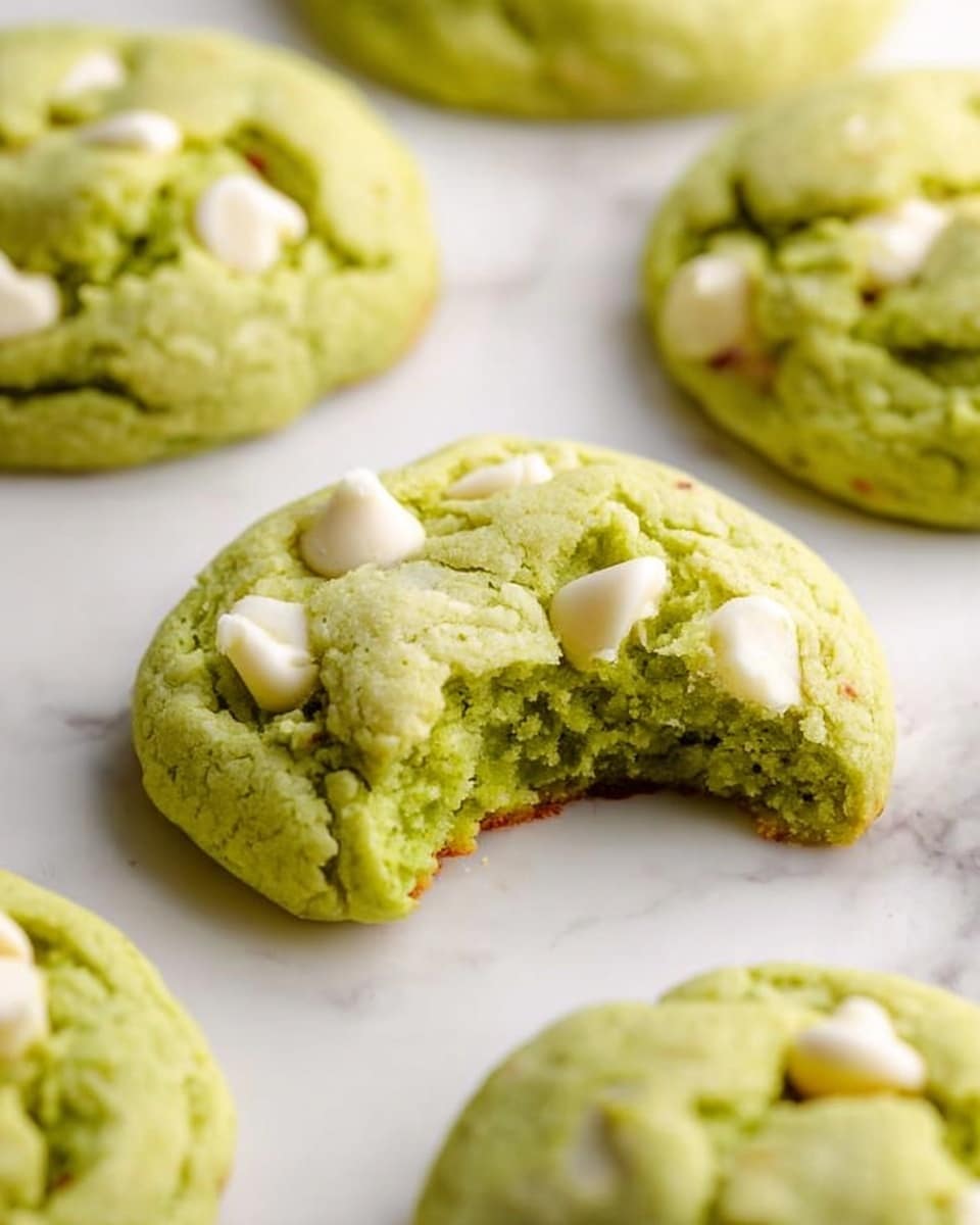 The image shows soft, round green cookies with white chocolate chips on a white marbled surface. One cookie in the center has a bite showing its soft inside, while the other cookies are whole and spread around it. The green dough has a slightly rough texture with white chocolate chips visible on top, giving a mix of creamy white and bright green colors. The light highlights the softness and moist look of the cookies, arranged casually on the white marbled surface. photo taken with an iphone --ar 4:5 --v 7