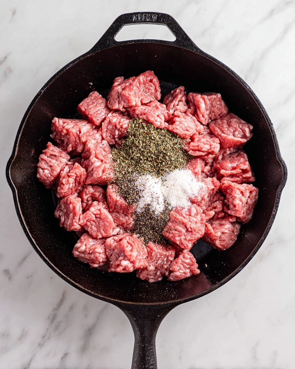 A cast iron pan with a rough black texture holds chunks of raw ground meat, mostly pink with some white marbling. The meat pieces are arranged evenly, covering the pan’s surface. On top of the meat in the center, there are three piles of dry seasoning: one is white salt, another is green dried herbs, and the third is black pepper. The pan is on a white marbled surface, with the handle of the pan pointing downward. photo taken with an iphone --ar 4:5 --v 7
