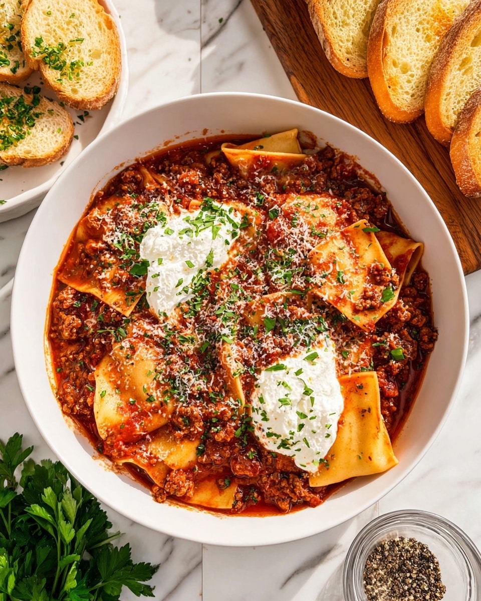 The image shows a white bowl filled with rich red tomato sauce layered with wide, flat pasta pieces and browned ground meat mixed throughout. On top, there are two dollops of white creamy cheese, sprinkled with grated cheese and chopped fresh green herbs. The sauce looks thick and slightly oily with visible seasoning. Around the bowl, there is toasted sliced bread on a white plate, fresh green parsley on a wooden board, and a glass bowl with coarse black pepper on a white marbled surface. The photo is bright with natural light. photo taken with an iphone --ar 4:5 --v 7