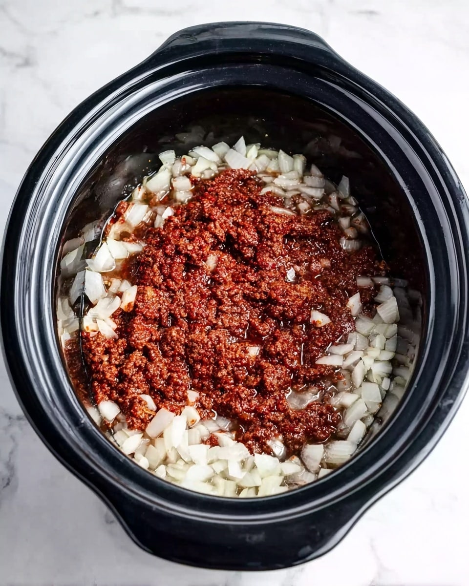 The image shows a black slow cooker filled with two main layers. The bottom layer is made up of chopped white onions with a soft texture, covering the entire base of the cooker. The top layer is a rich, dark red mixture that looks like seasoned ground meat or sauce, spread evenly over the onions. The slow cooker is placed on a white marbled surface. Photo taken with an iphone --ar 4:5 --v 7