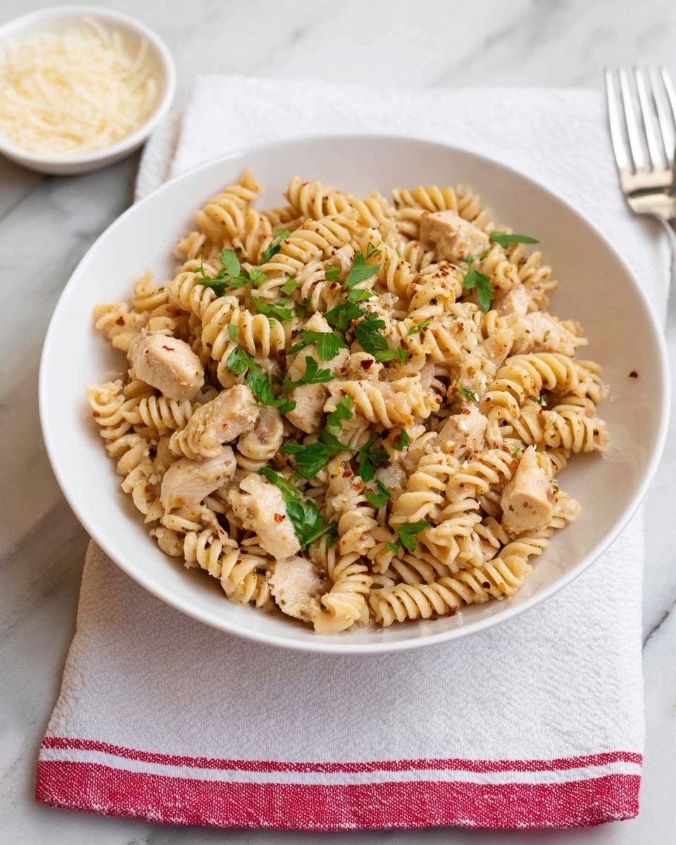A white bowl filled with light brown rotini pasta, mixed with pieces of cooked light beige chicken and sprinkled with small green parsley leaves on top. The pasta has a creamy texture with some small red seasoning flakes visible throughout. The bowl sits on a white cloth with a red stripe, placed on a white marbled surface. A small white bowl with grated cheese is near the top left corner, and a silver fork is resting on the cloth's right side. photo taken with an iphone --ar 4:5 --v 7
