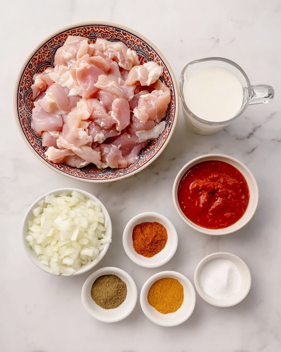 The image shows seven dishes arranged on a white marbled surface. The largest dish, a patterned bowl, is filled with raw chopped light pink chicken pieces with some white fat visible. Next to it is a clear measuring jug filled with white liquid, likely coconut milk. Below these are six small white bowls containing various ingredients: one bowl has finely diced white onions, another holds a smooth red tomato sauce, and the remaining bowls contain different powdered spices in shades of yellow, brown, and orange, along with a white powder. The scene is bright and clear, with all items neatly placed for a cooking setup. photo taken with an iphone --ar 4:5 --v 7
