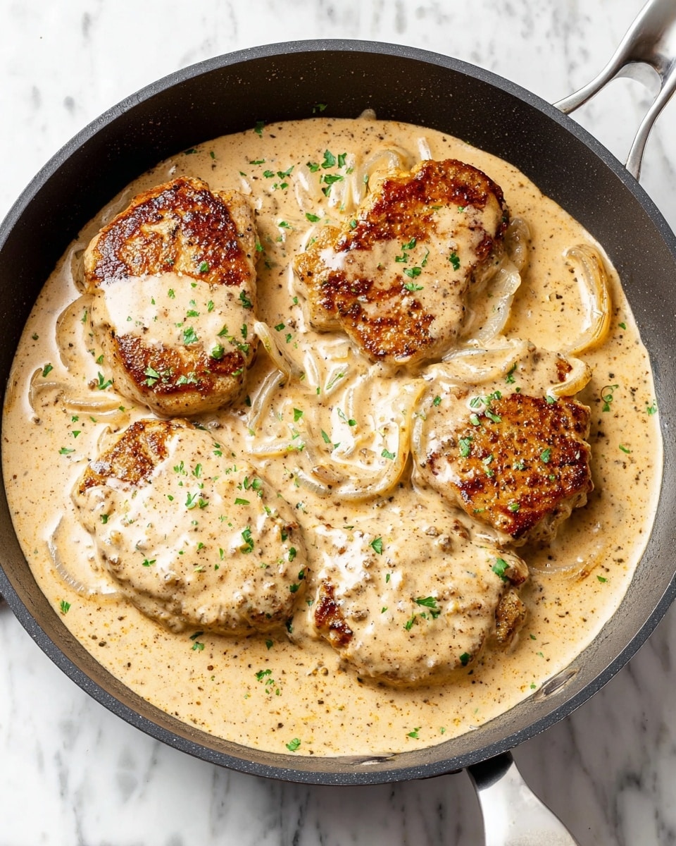 The image shows a black pan filled with four browned chicken pieces partially covered by a thick creamy beige sauce with small bits of sliced onions. The sauce coats the chicken unevenly, pooling more around the edges and has a smooth, slightly chunky texture sprinkled lightly with chopped green herbs. The pan rests on a white marbled surface, and tiny green herb bits are scattered around it. Photo taken with an iphone --ar 4:5 --v 7
