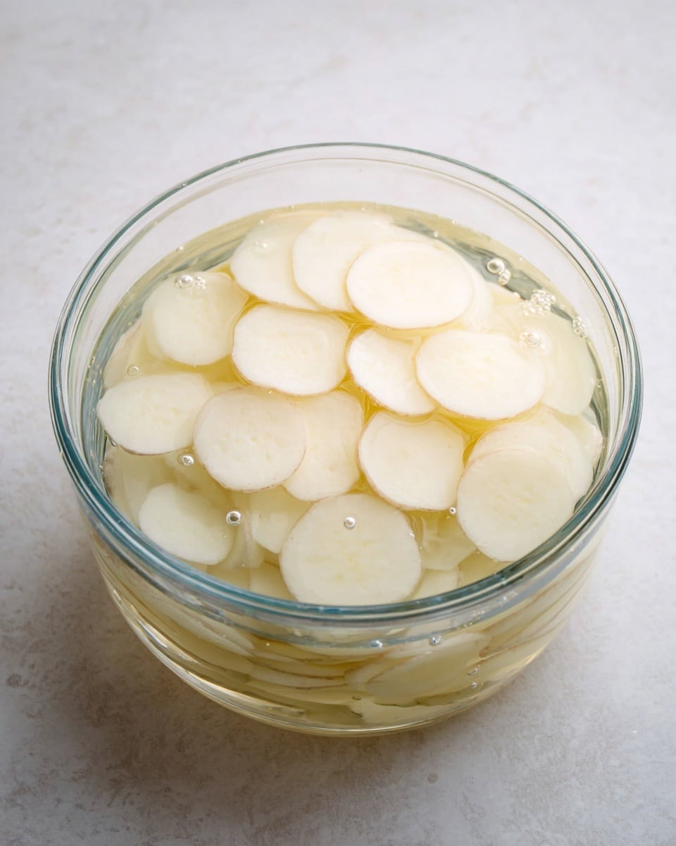 A clear glass bowl filled with multiple layers of thin, round white potato slices submerged in water. The potato slices have a smooth texture and are stacked loosely with some slices overlapping others. The bowl is placed on a white marbled surface, showing the transparent water with a few small bubbles. The overall look is clean and simple, focusing on the light pale color of the potatoes under the clear water. photo taken with an iphone --ar 4:5 --v 7