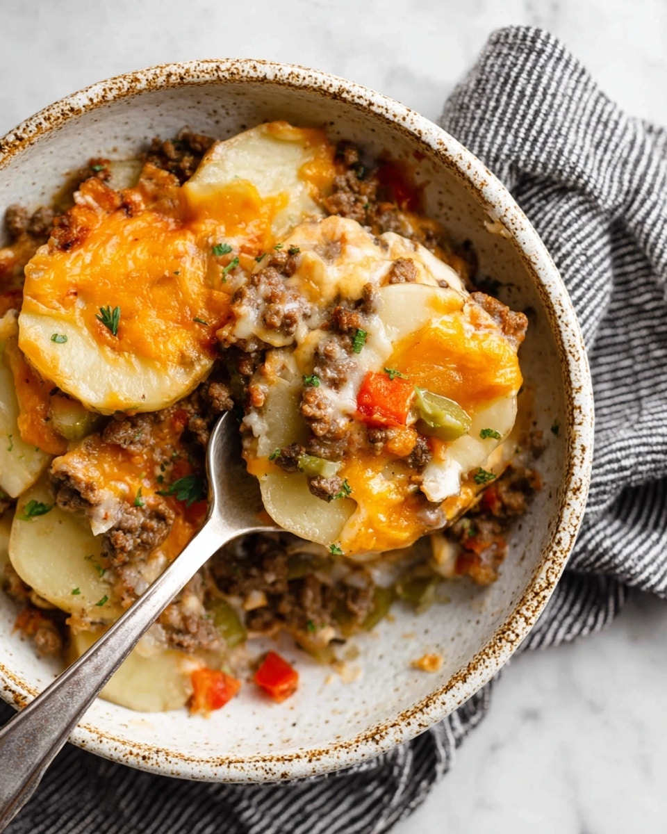 The dish is served in a white speckled bowl with several layers visible. The bottom layer shows thin round potato slices in light yellow, topped with a mix of cooked ground meat in brownish gray, diced red and green bell peppers, and melted cheese in bright orange and creamy white melted over the top. Small bits of fresh green herbs are sprinkled throughout, and the textures range from smooth melted cheese to chunky meat and soft potatoes. A silver spoon lifts a portion from the bowl, and the whole scene is set on a white marbled surface with a black and white striped cloth beside it photo taken with an iphone --ar 4:5 --v 7
