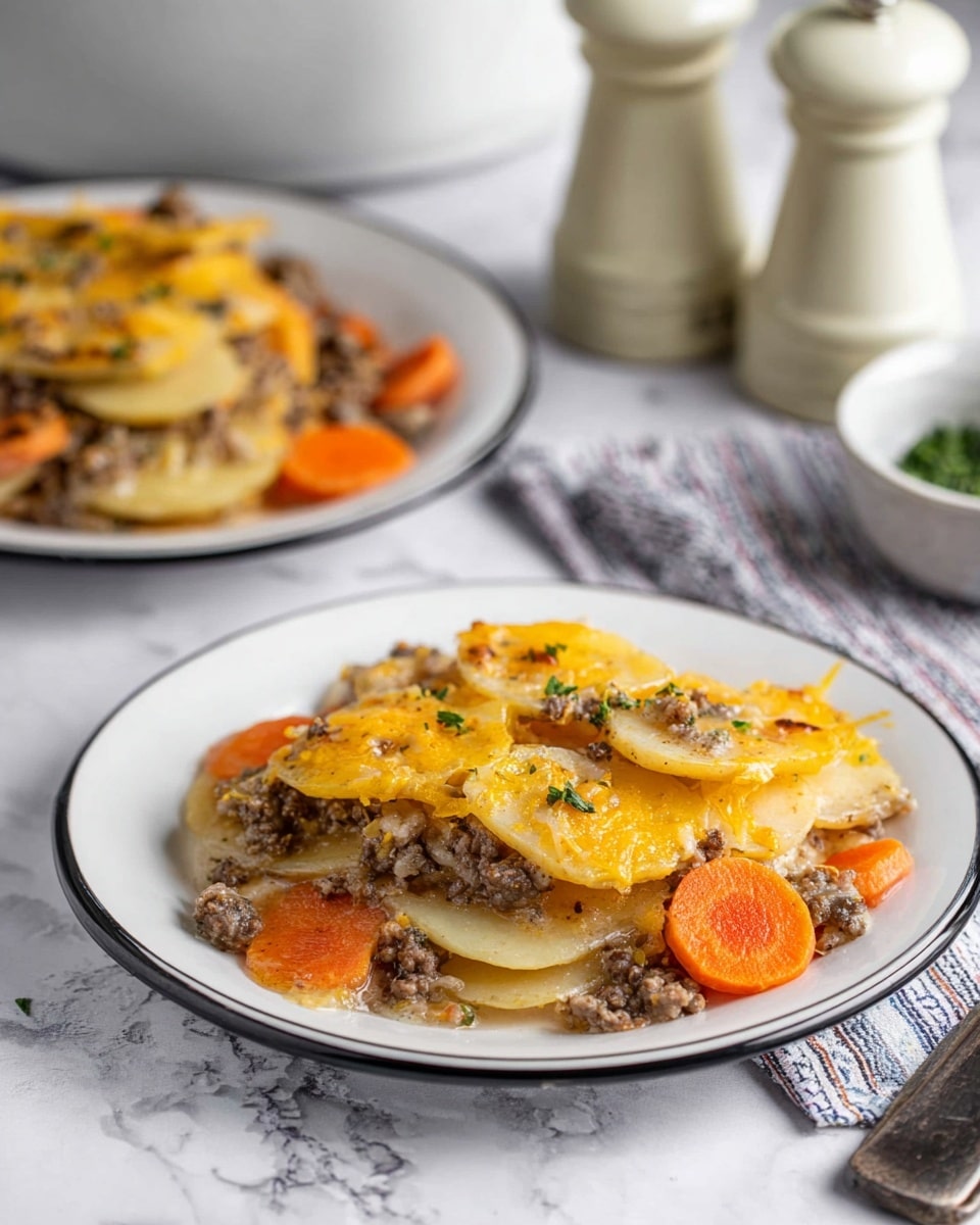 The image shows a white plate filled with a layered dish consisting of three main layers: at the bottom, thin slices of light beige potatoes arranged flat, followed by orange carrot slices scattered evenly, and topped with cooked ground beef mixed with melted yellow cheese and a light sauce. In the background, there is another white plate with the same dish, slightly out of focus. The entire scene is set on a white marbled surface, with two cream-colored salt and pepper shakers and a part of a silverware knife visible near the bottom right of the image. photo taken with an iphone --ar 4:5 --v 7