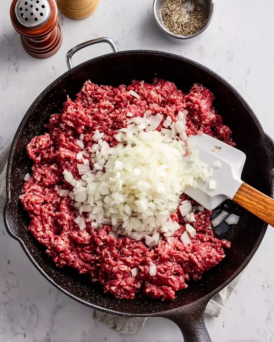A black cast iron pan sits on a white marbled surface, filled with raw ground meat spread across the bottom layer, rich red in color with some light pink spots. On top of the meat, in the center, there is a thick layer of finely chopped white onions creating a bright contrast. A white spatula with a wooden handle rests inside the pan, partially covered with onions. Around the pan, there are seasoning containers and a pepper grinder on the white marbled surface. Photo taken with an iphone --ar 4:5 --v 7