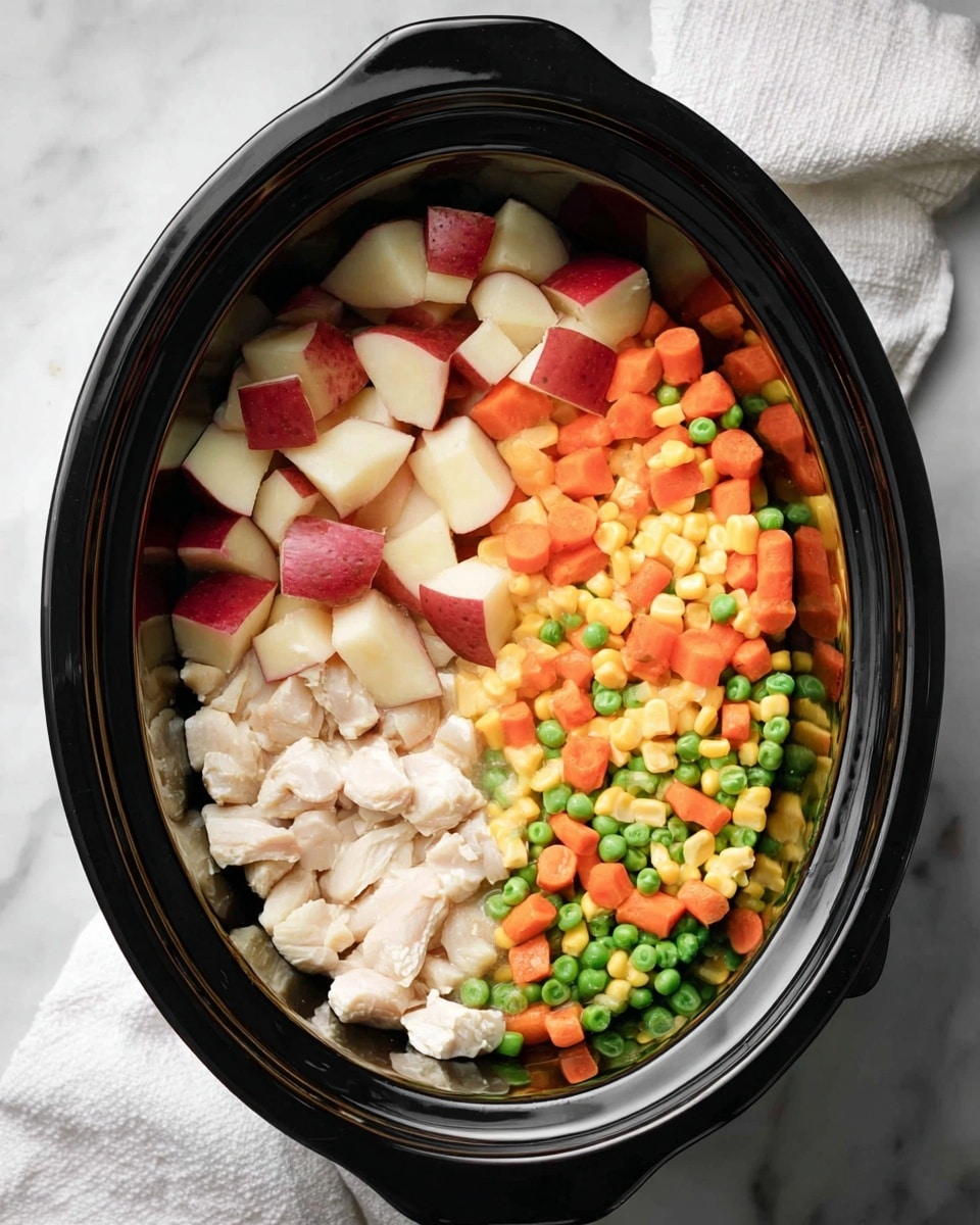 Inside a black slow cooker, there are three main layers of ingredients arranged side by side. The left side has small chunks of raw white chicken pieces, soft and moist in texture. Above the chicken, the top left section is filled with small cubes of red-skinned potatoes, their creamy white inside showing brightly. On the right side, nearly half of the cooker is full of a mix of frozen diced carrots, corn kernels, and green peas, with bright orange, yellow, and green colors making a vibrant contrast. The slow cooker sits on a white marbled surface with a white cloth napkin nearby. photo taken with an iphone --ar 4:5 --v 7