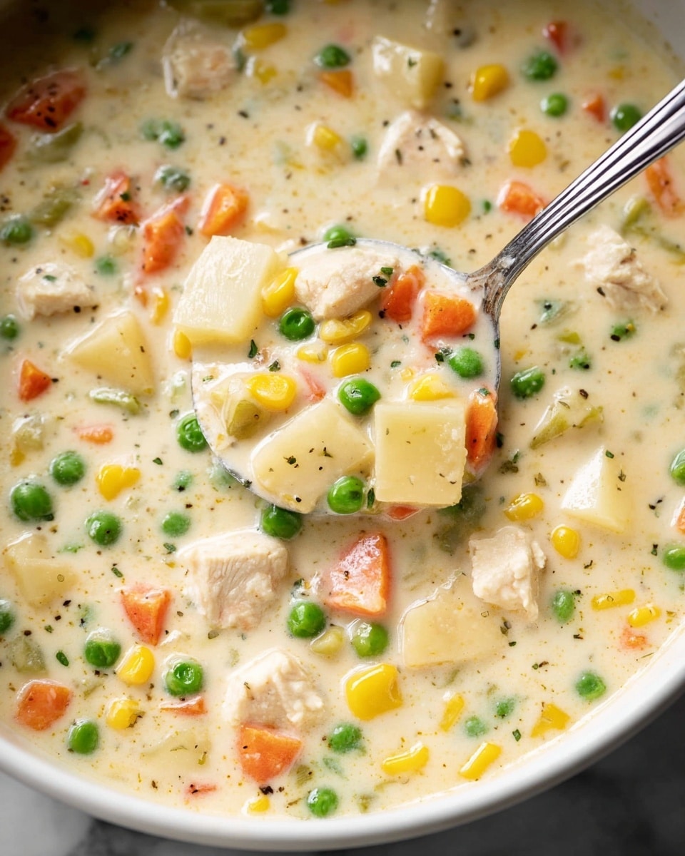 The image shows a thick creamy soup with a mix of small vegetable pieces and chunks of white meat in a white bowl. The soup has a light pale yellow base, dense with bright green peas, orange carrot cubes, yellow corn kernels, and small off-white potato cubes scattered evenly throughout. A spoon with a silver handle is partially dipped in the soup, lifting some of the colorful ingredients, highlighting the smooth texture of the liquid and the soft, tender pieces. The white marbled surface beneath the bowl is clean and bright, emphasizing the fresh and hearty look of the soup. photo taken with an iphone --ar 4:5 --v 7