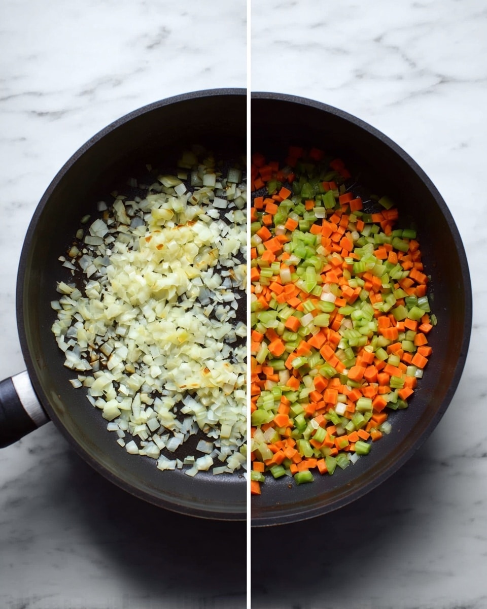 Photo shows two images side by side, both with a black round pan on a white marbled surface. The left image has one layer with small pieces of chopped light yellow onion spread evenly across the pan bottom. The right image also shows the same pan, filled with three layers: the bottom layer is the same chopped light yellow onion, covered by a layer of small, vibrant orange carrot cubes and bright green celery pieces mixed evenly on top. Photo taken with an iphone --ar 4:5 --v 7