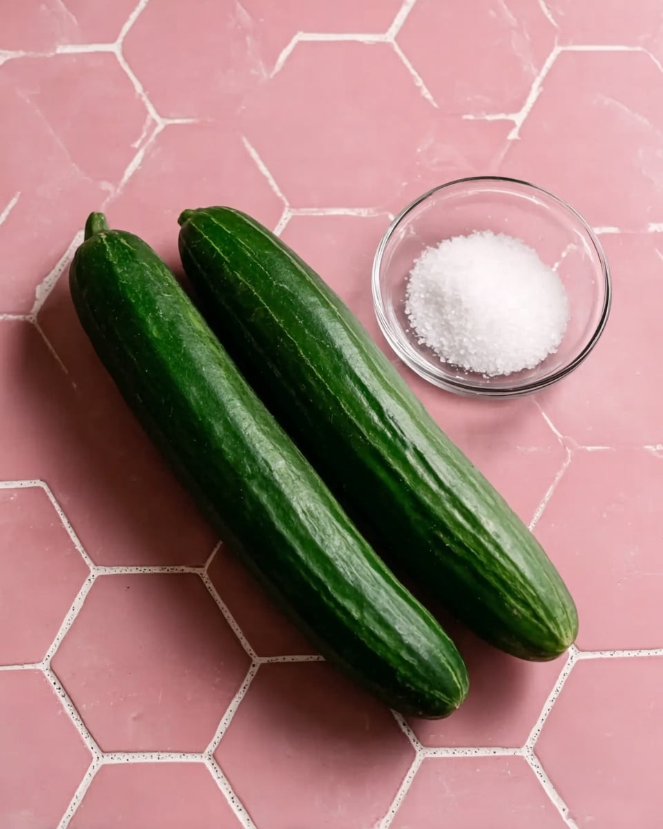 The image shows two long, dark green cucumbers lying side by side on a pink hexagonal tiled surface with a small clear glass bowl filled with white salt placed nearby on the right. The cucumbers have a slightly bumpy texture and a shiny surface, and the pink tiles underneath have white grout lines. The salt in the bowl looks fine and crystalline. photo taken with an iphone --ar 4:5 --v 7
