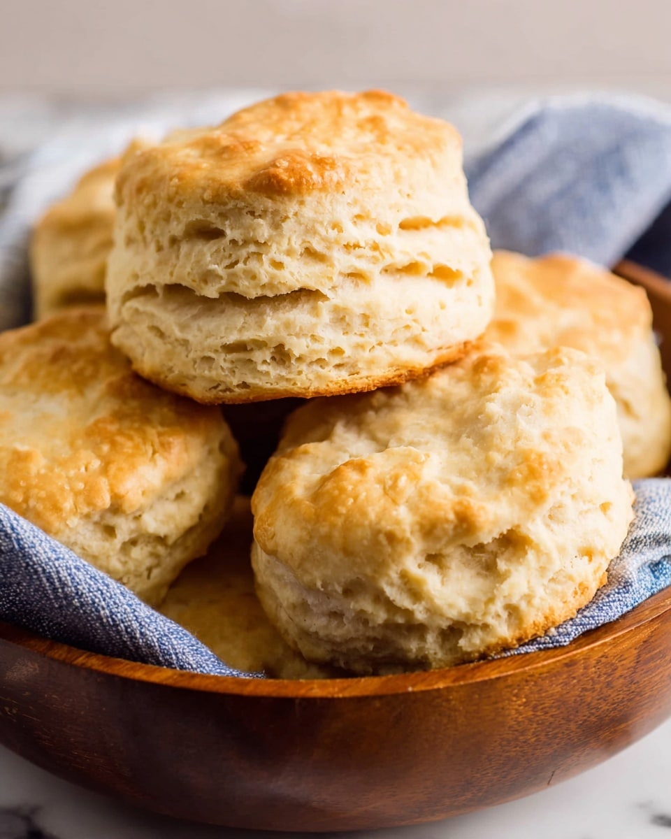 A close-up view of a wooden bowl filled with several golden-brown biscuits stacked closely together, showing their soft and flaky texture with rough edges and light cracks. The biscuits have a light yellowish-beige color with hints of toasted brown on top. The bowl sits on a white marbled surface with a blue and white striped cloth partially visible in the background. The photo was taken with an iphone --ar 4:5 --v 7