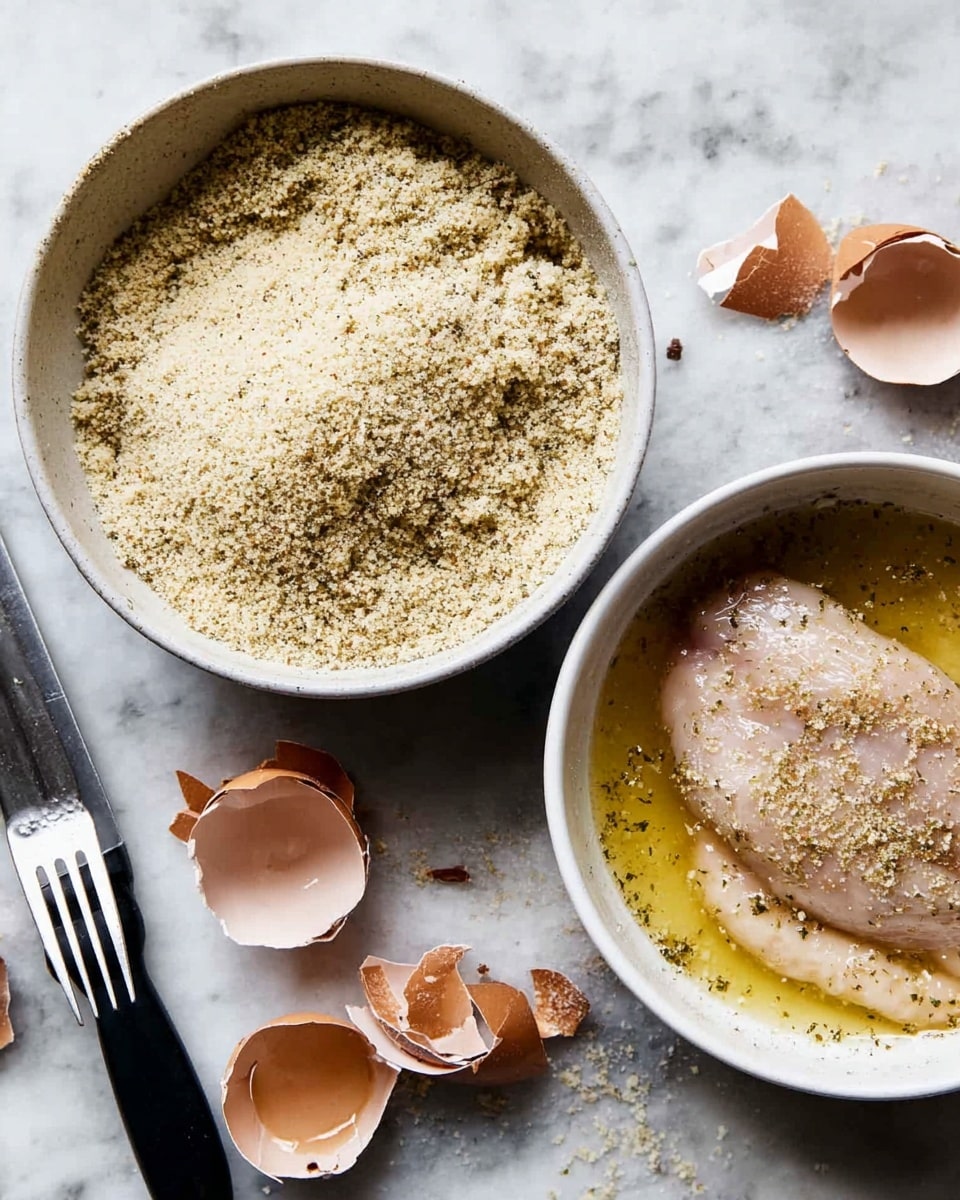 The image shows two white bowls placed on a white marbled surface. The bowl on the left is filled with coarse, light beige breadcrumbs with some herbs mixed in, forming a slightly uneven mound. The bowl on the right contains a raw chicken piece soaked in a yellowish beaten egg mix, with the chicken partly submerged and the egg showing some bubbles on the surface. Around the bowls, there are broken brown eggshell pieces scattered, and in the foreground, a black-handled knife and a silver fork with some breadcrumbs on its tines lie on the white marbled surface. photo taken with an iphone --ar 4:5 --v 7