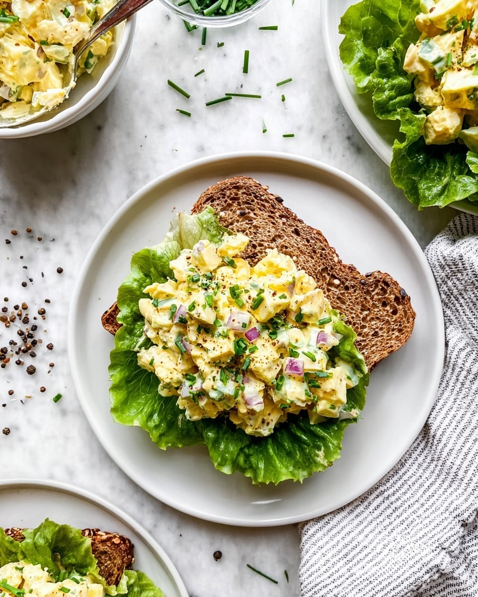 A white plate holds an open sandwich with three layers: the bottom layer is a slice of toasted brown bread with visible seeds, on top of it a layer of bright green leafy lettuce, and the final layer is a chunky egg salad with creamy dressing, small bits of red onion, and chopped herbs, all sprinkled with green chives. Nearby, a white bowl contains more egg salad with a spoon, and part of another white plate with more green leafy lettuce is visible. The background is a white marbled surface with some scattered chives and cracked black pepper. A striped white and gray cloth is partially visible under the plate. Photo taken with an iphone --ar 4:5 --v 7