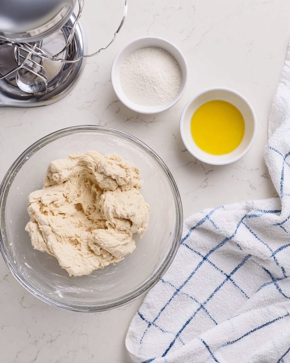 A clear glass bowl on a white marbled surface holds a rough dough mixture with a pale beige color and soft texture, sitting near a metal mixer attachment. To the right, two small white bowls contain a yellow liquid and a white powder. A white cloth with blue grid lines is casually placed next to the bowls, partially folded, all against the white marbled background. photo taken with an iphone --ar 4:5 --v 7