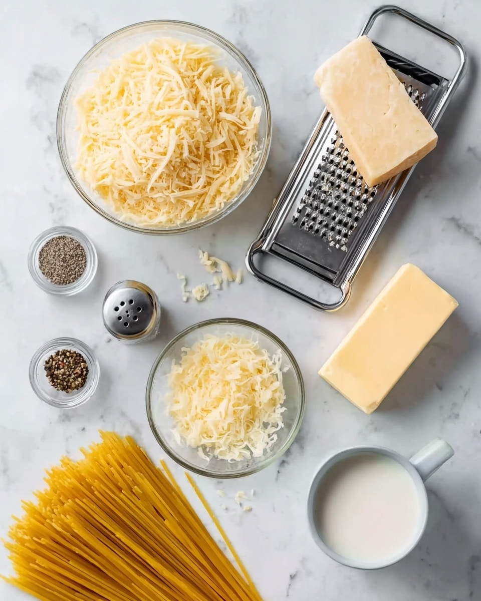 The image shows a top-down view of cooking ingredients arranged neatly on a white marbled surface. At the center top, there is a clear glass bowl filled with shredded pale yellow cheese. Next to it on the right is a stainless steel cheese grater with a block of light yellow cheese resting on it and some grated cheese scattered around. Below the bowl, on the left side, is a small clear bowl with minced or crushed garlic. Nearby, there are two small glass shakers, one with black pepper and the other with salt. To the left bottom corner lies a bunch of uncooked yellow spaghetti beans. Next to the pasta, on the right, there is a rectangular block of pale yellow butter. At the bottom right corner, a white cup filled with a white liquid, possibly milk or cream, completes the arrangement. The overall setting is clean and organized. Photo taken with an iphone --ar 4:5 --v 7