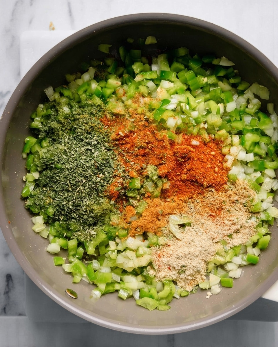 The image shows a gray pan filled with a mix of finely chopped green bell peppers and onions as the bottom layer. On top of this, there are three different spices sprinkled: a green herb powder on the left side, a reddish-orange powder in the middle, and a light beige powder on the right with some spread across the center. The pan rests on a white marbled surface, and the light source makes the colors look fresh and bright. photo taken with an iphone --ar 4:5 --v 7