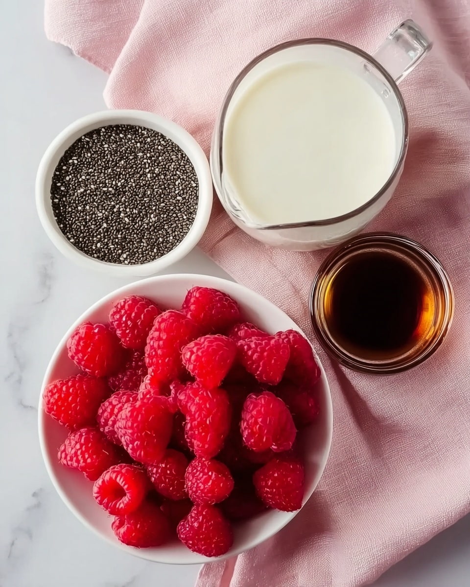The image shows a close-up of four small clear glass containers placed on a soft pink cloth over a white marbled surface. The largest container, a mug, holds white milk and is positioned to the right. Below it, a white bowl is filled with many bright red raspberries, slightly piled up. To the left of the mug, a small white bowl is full of black chia seeds, creating a dense, textured layer. Above this bowl is another small clear glass filled with dark brown liquid, likely syrup, shining with a smooth surface. photo taken with an iphone --ar 4:5 --v 7